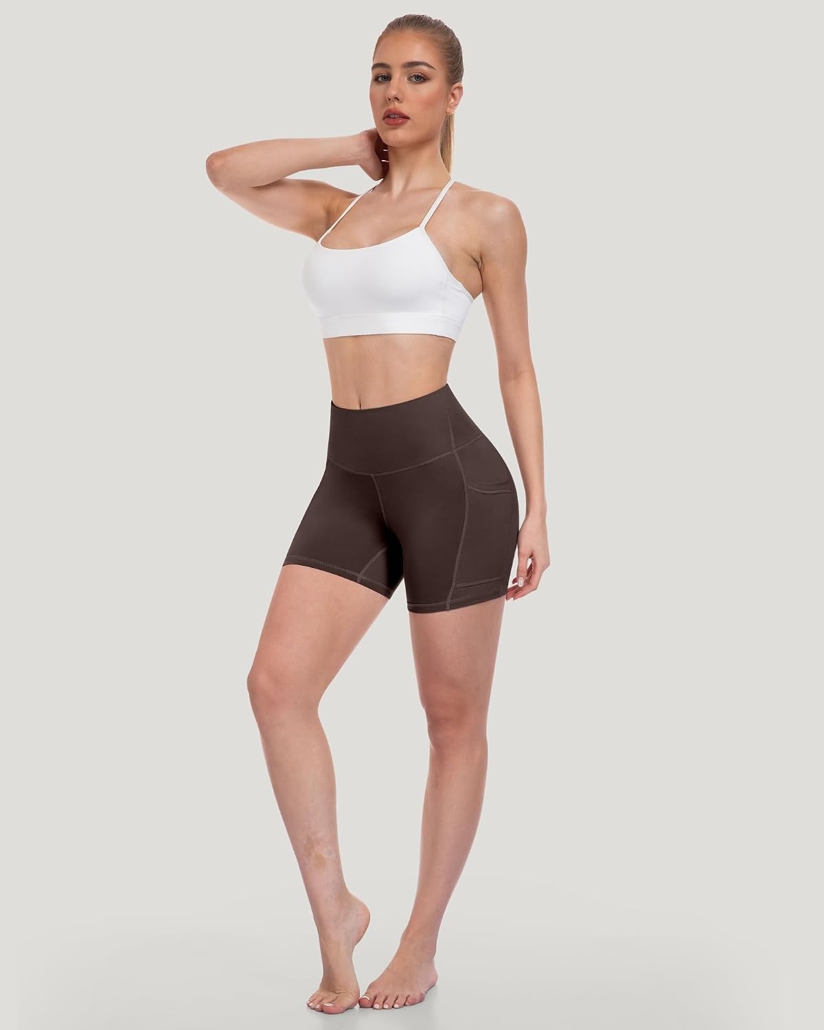 image:imageLZYVOO Women 5 Biker Shorts with Pockets High Waist Tummy Control Workout Yoga ShortsBlackBlackGreyNavyBrownCassisPurple