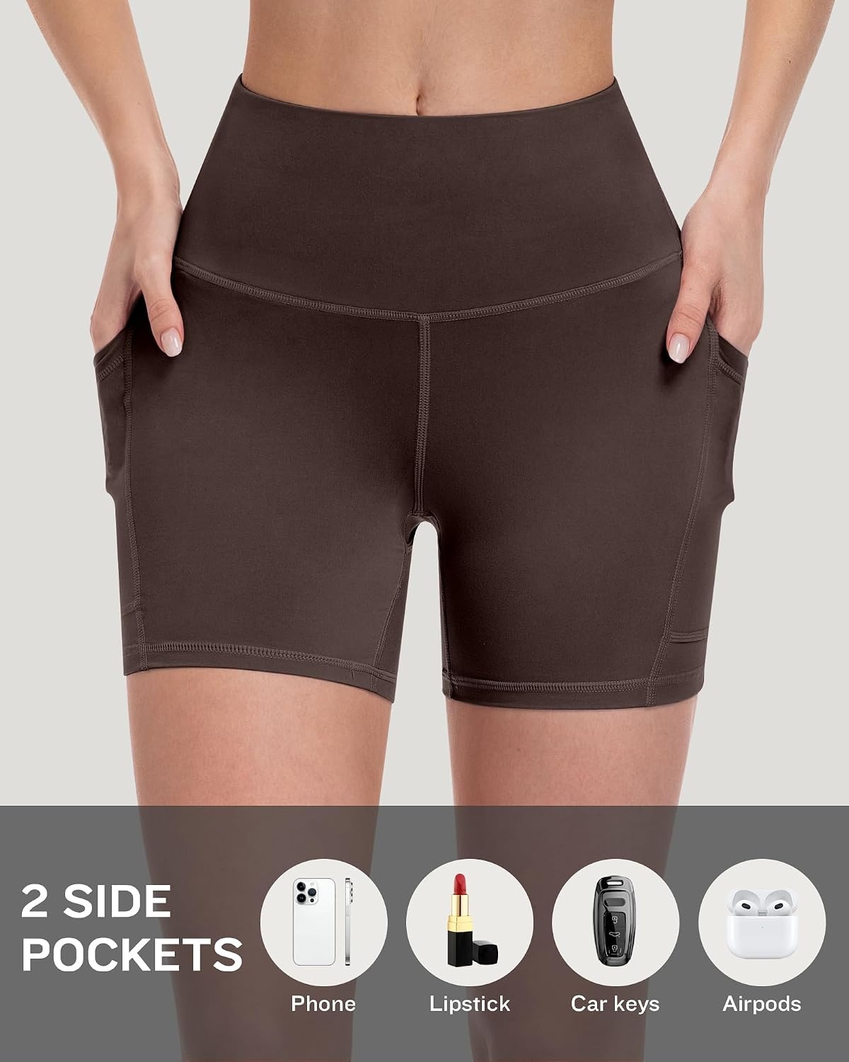 image:imageLZYVOO Women 5 Biker Shorts with Pockets High Waist Tummy Control Workout Yoga ShortsBlackGreyNavyBrownCassisRedRoyal Blue