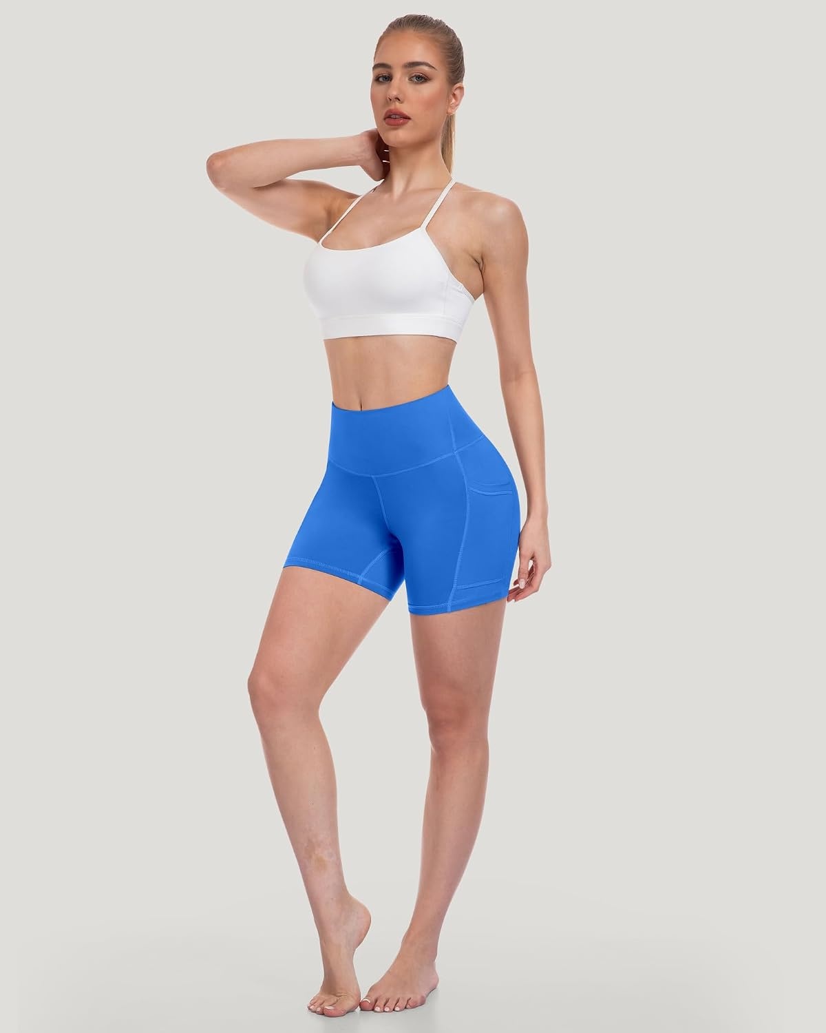 image:imageLZYVOO Women 5 Biker Shorts with Pockets High Waist Tummy Control Workout Yoga ShortsBlackGreyNavyBrownCassisRedRoyal Blue