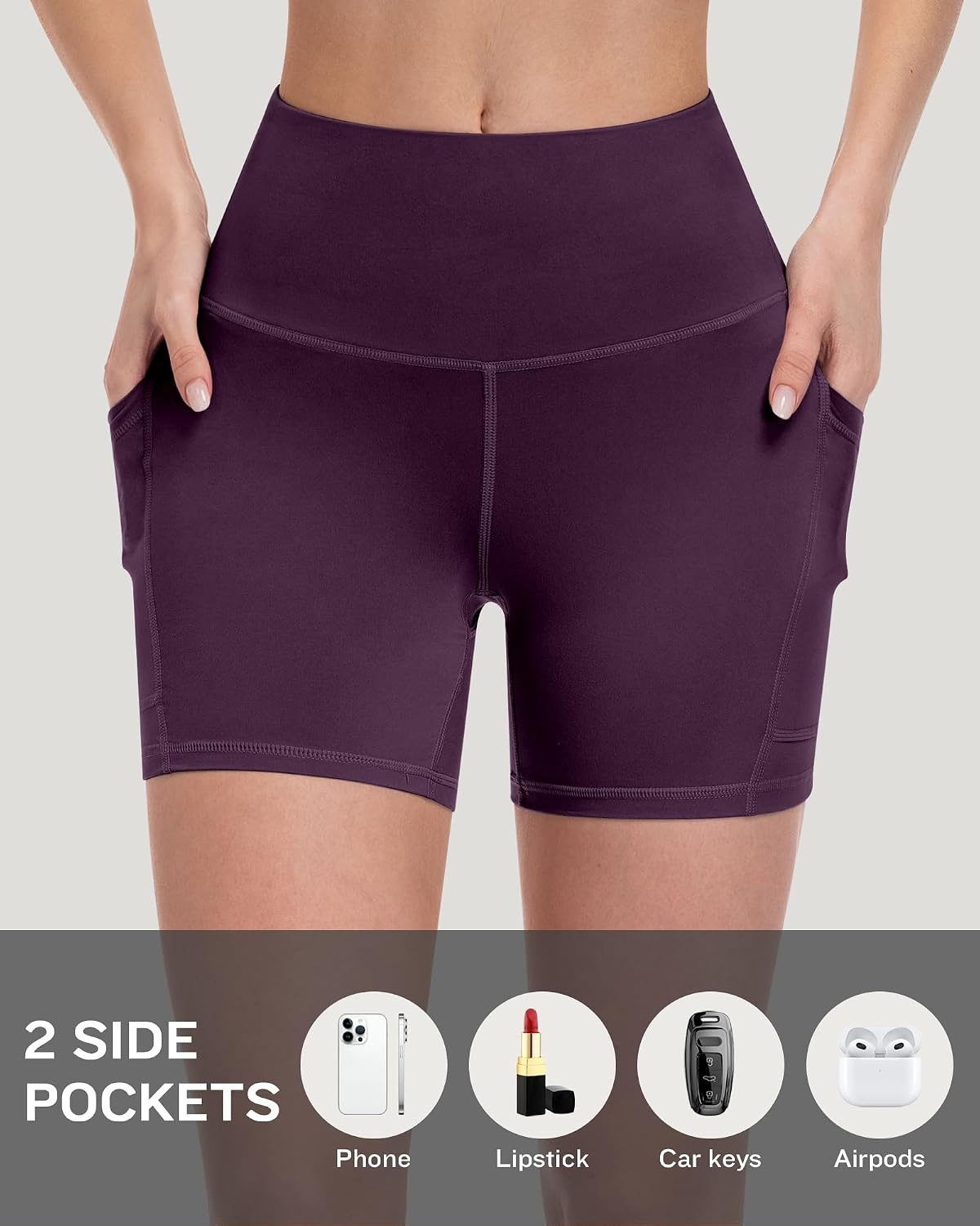 image:imageLZYVOO Women 5 Biker Shorts with Pockets High Waist Tummy Control Workout Yoga ShortsBlackGreyNavyBrownGreenBurgundyPurple