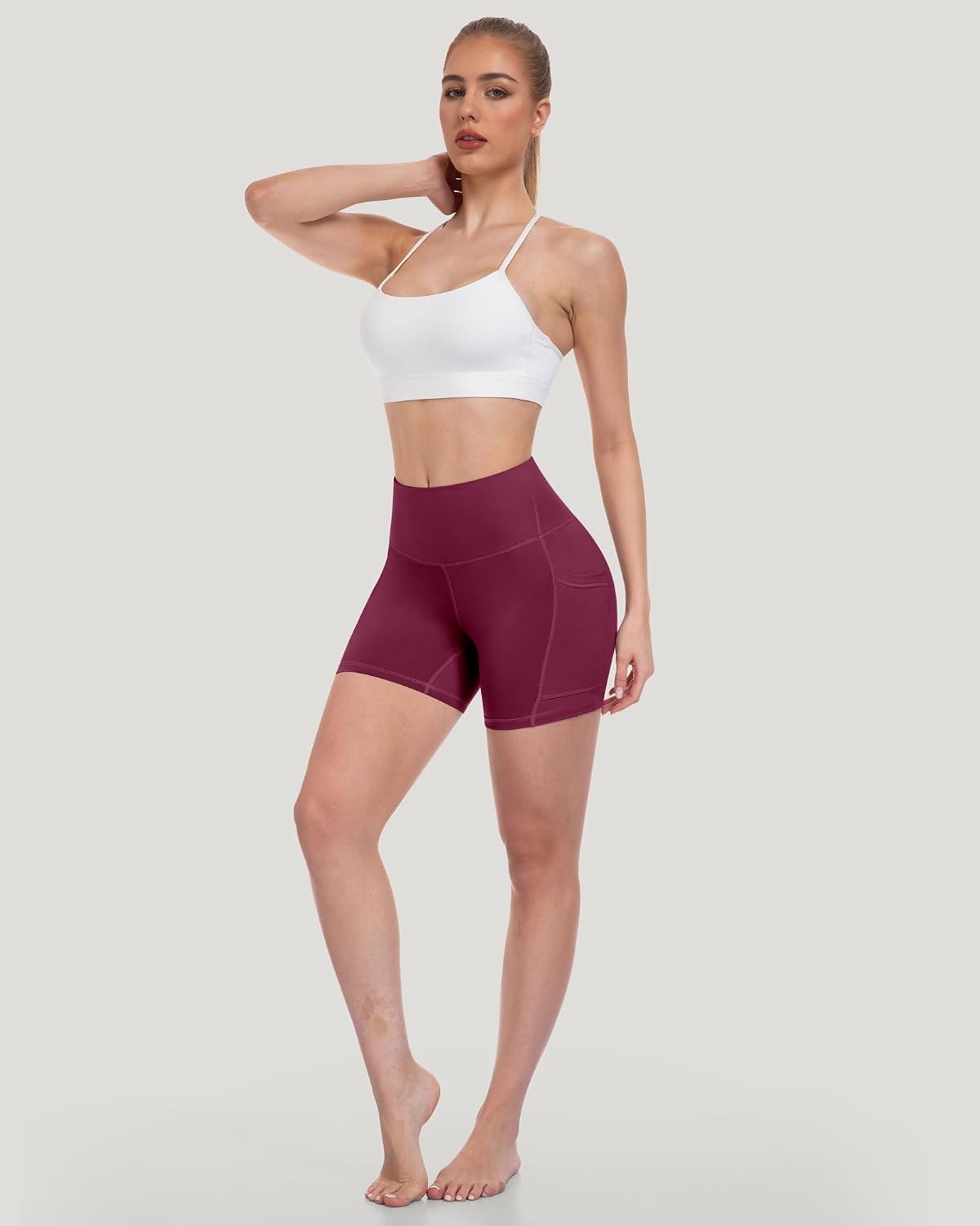 image:imageLZYVOO Women 5 Biker Shorts with Pockets High Waist Tummy Control Workout Yoga ShortsBlackGreyNavyBrownGreenBurgundyPurple
