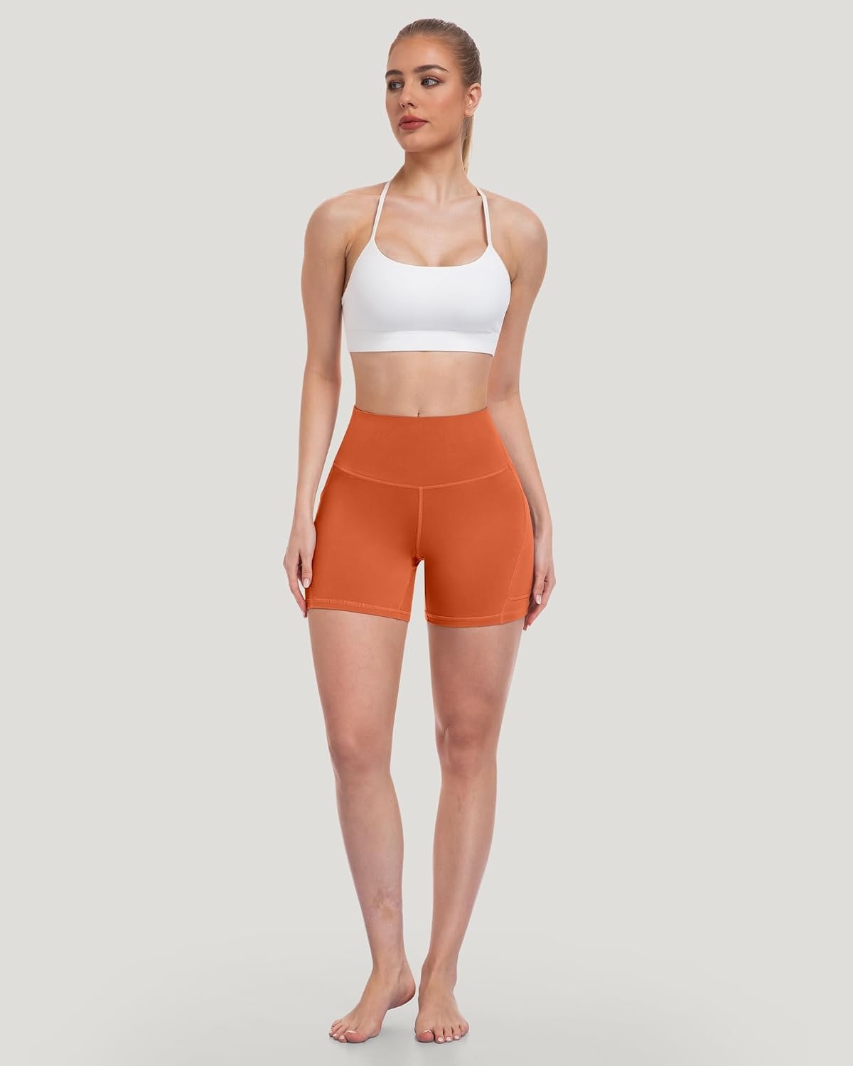 image:imageLZYVOO Women 5 Biker Shorts with Pockets High Waist Tummy Control Workout Yoga ShortsBlackGreyNavyBrownYellowPeacock BlueNeon Pink
