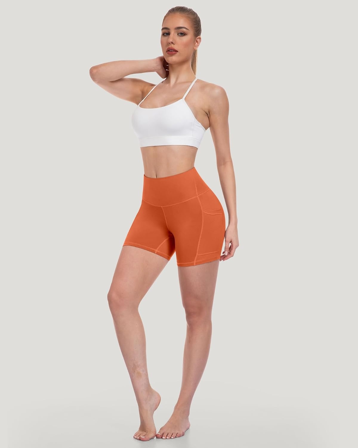 image:imageLZYVOO Women 5 Biker Shorts with Pockets High Waist Tummy Control Workout Yoga ShortsBlackGreyNavyBrownYellowPeacock BlueNeon Pink