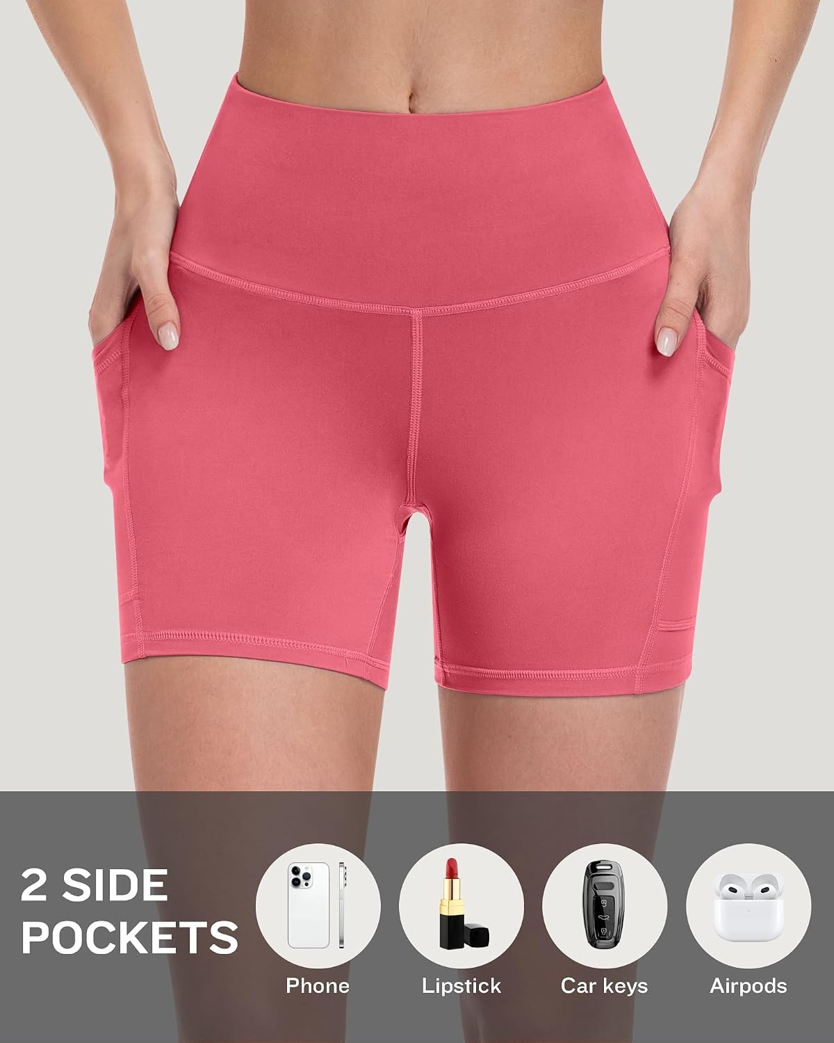 image:imageLZYVOO Women 5 Biker Shorts with Pockets High Waist Tummy Control Workout Yoga ShortsBlackGreyNavyBrownYellowPeacock BlueNeon Pink
