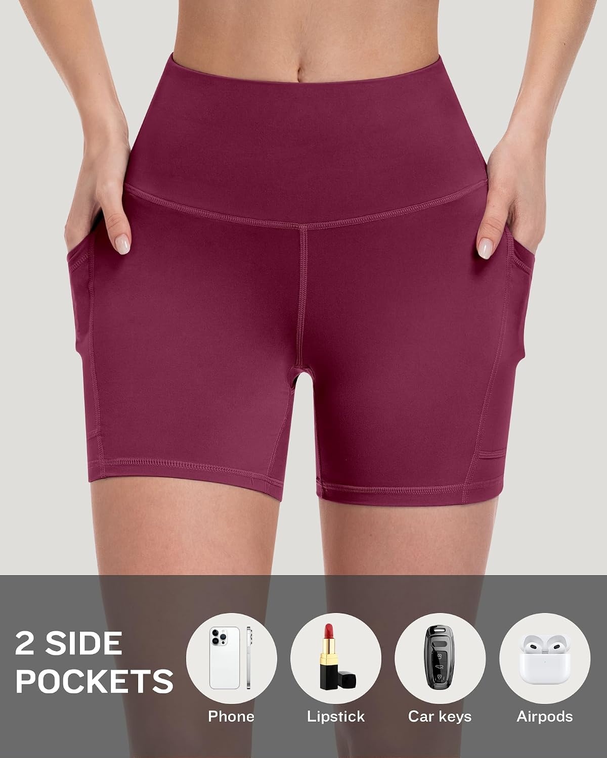 image:imageLZYVOO Women 5 Biker Shorts with Pockets High Waist Tummy Control Workout Yoga ShortsBlackGreyNavyBurgundyGreenBrownCassis