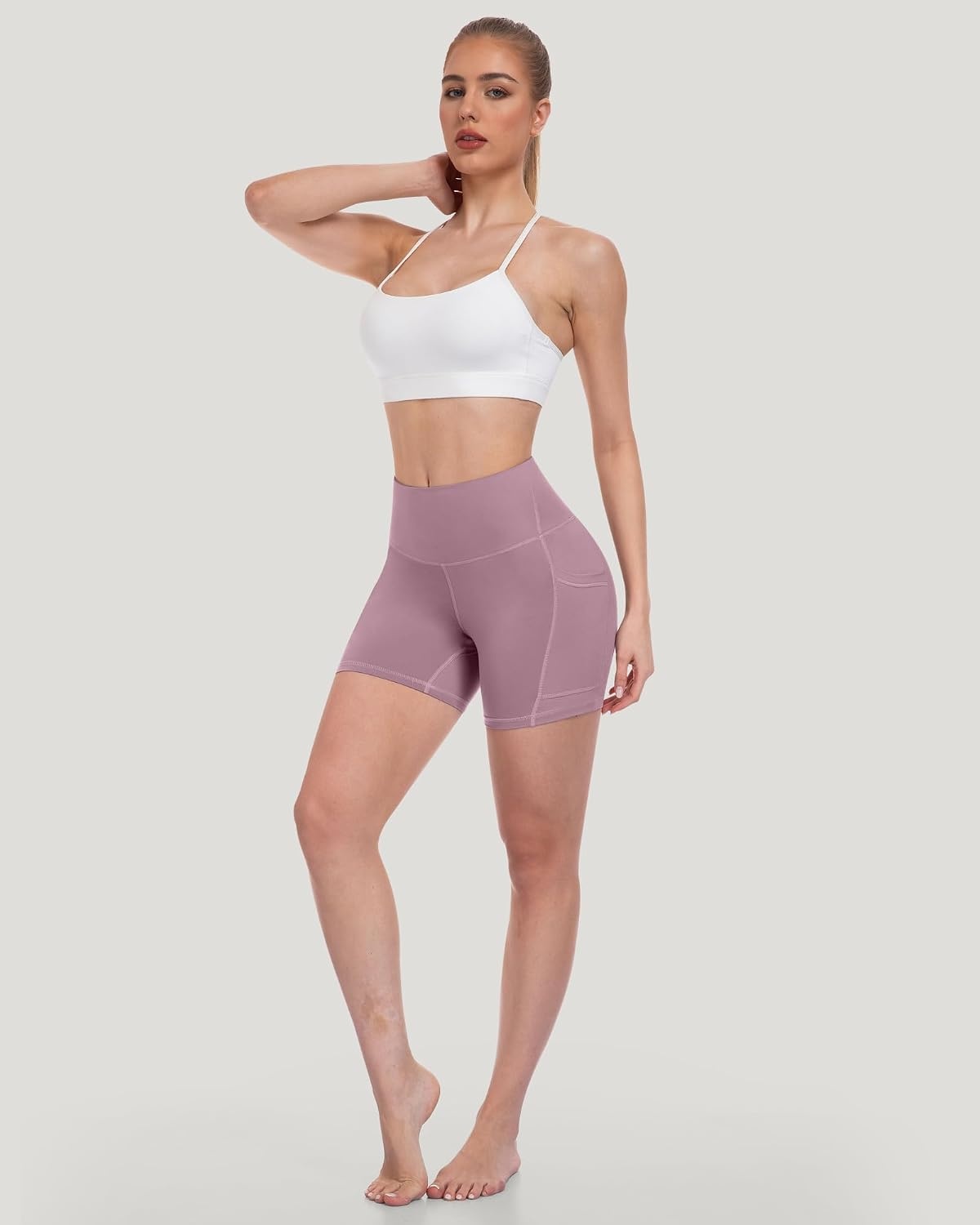 image:imageLZYVOO Women 5 Biker Shorts with Pockets High Waist Tummy Control Workout Yoga ShortsBlackGreyNavyTealPinkBluePurple