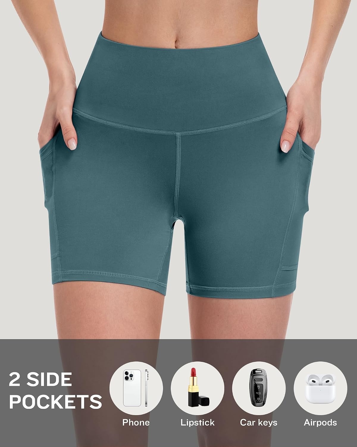 image:imageLZYVOO Women 5 Biker Shorts with Pockets High Waist Tummy Control Workout Yoga ShortsBlackGreyNavyTealPinkBluePurple