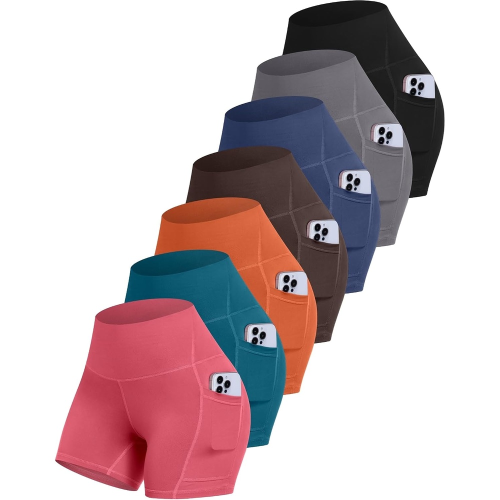 image:imageLZYVOO Women 5 Biker Shorts with Pockets High Waist Tummy Control Workout Yoga ShortsBlackGreyNavyBrownYellowPeacock BlueNeon Pink