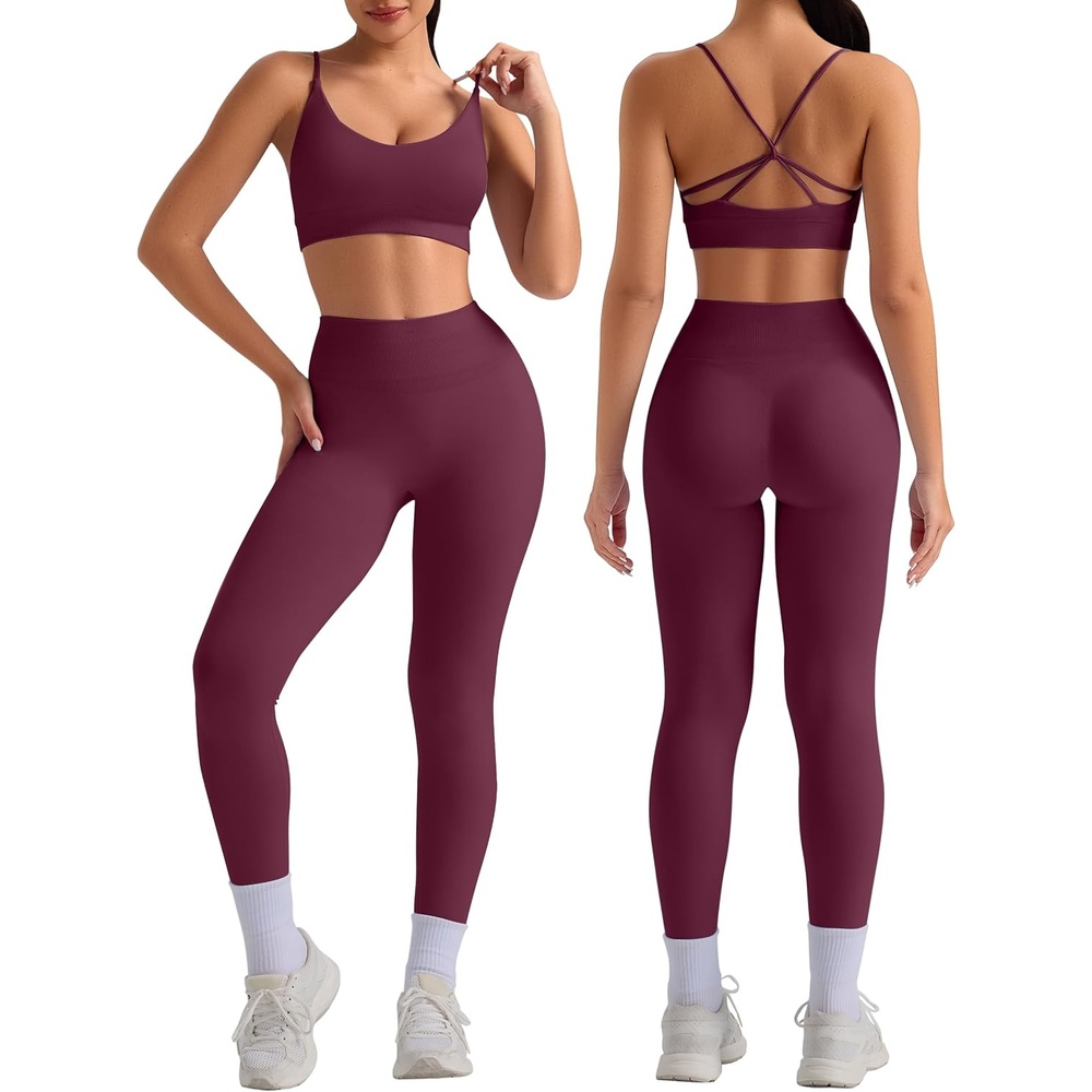 image:imageOLCHEE Womens Workout Sets 2 Piece Seamless Strappy Sports Bra Crisscross Back Scrunch Butt Leggings Padded Gym Yoga OutfitsPlum
