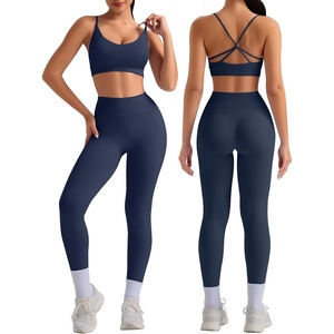 OLCHEE Womens Workout Sets 2 Piece Seamless Strappy Sports Bra Crisscross Back Scrunch Butt Leggings Padded Gym Yoga Outfits(Navy)