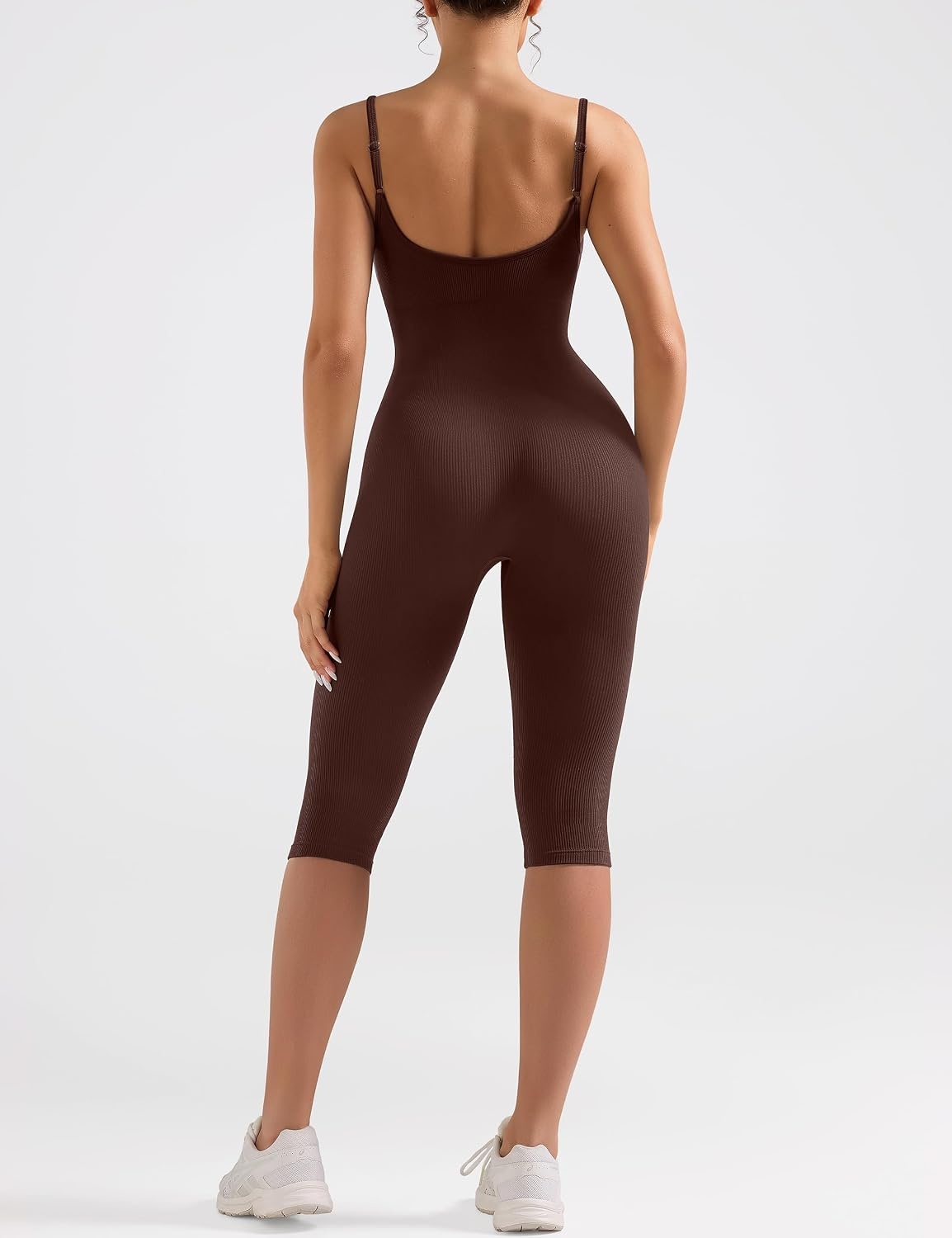 image:imageOLCHEE Womens Workout Jumpsuits Capri Catsuit Seamless Ribbed Tummy Control Yoga One Piece Unitard Sculpt Rompers PaddedBrown