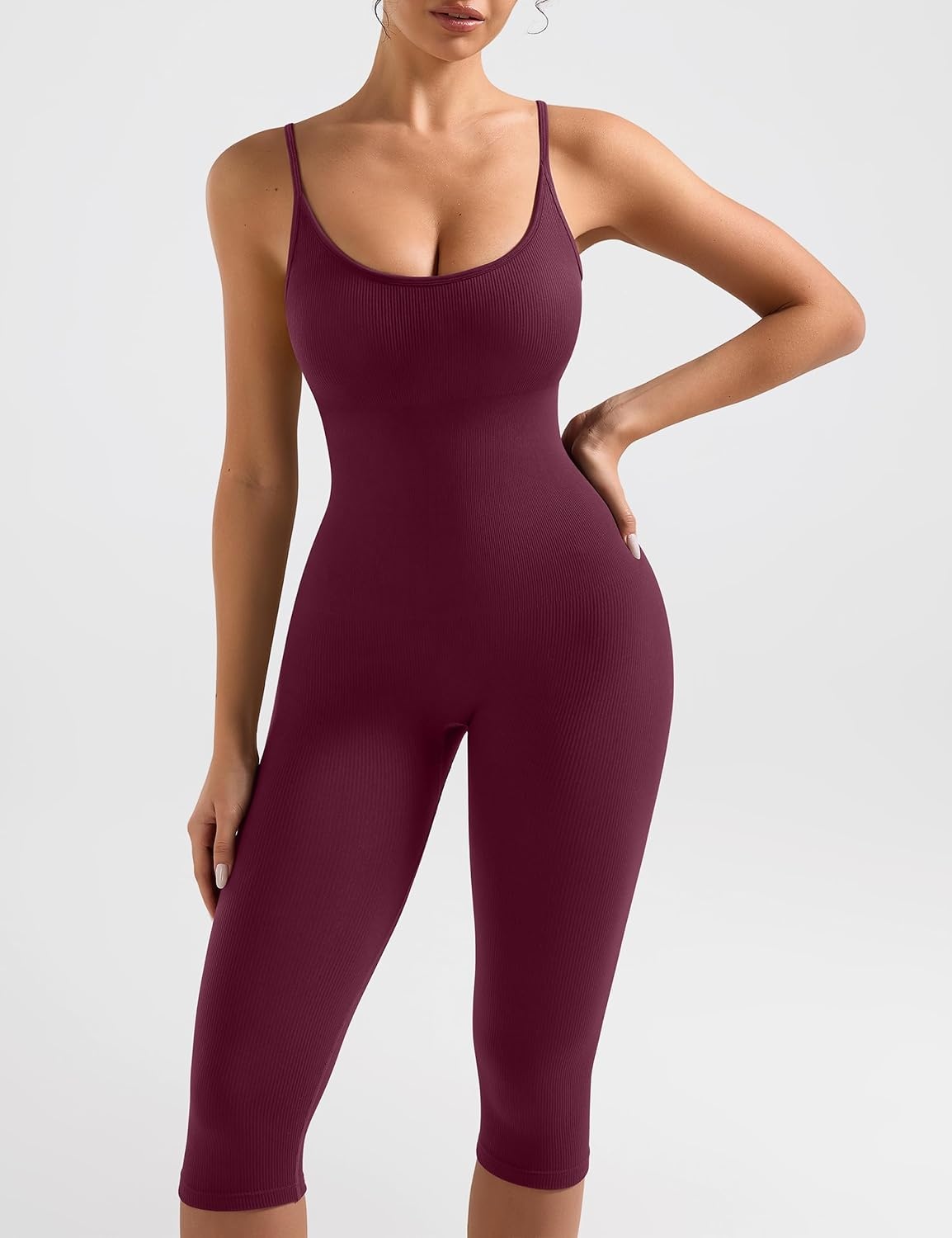 image:imageOLCHEE Womens Workout Jumpsuits Capri Catsuit Seamless Ribbed Tummy Control Yoga One Piece Unitard Sculpt Rompers PaddedPlum