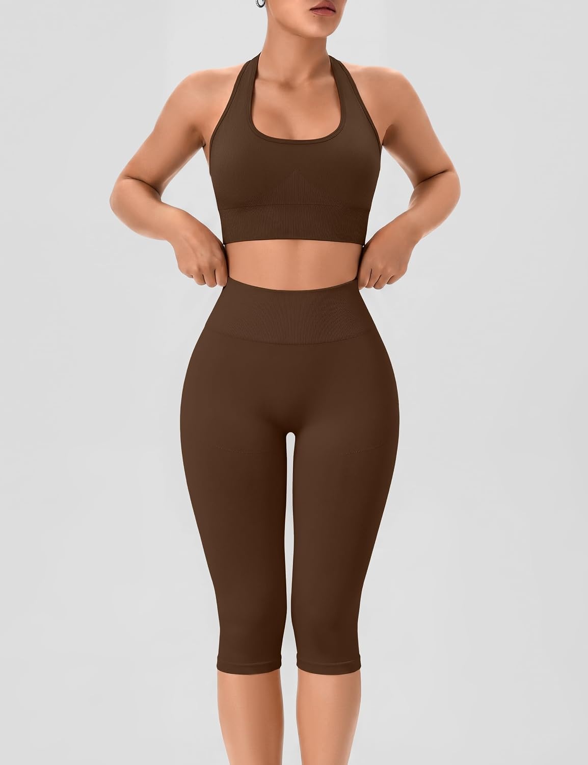 image:imageOLCHEE Womens Workout Sets 2 Piece Backless Halter Neck Sports Bra High Waist Scrunch Butt Capri Leggings Yoga Gym OutfitsBrown