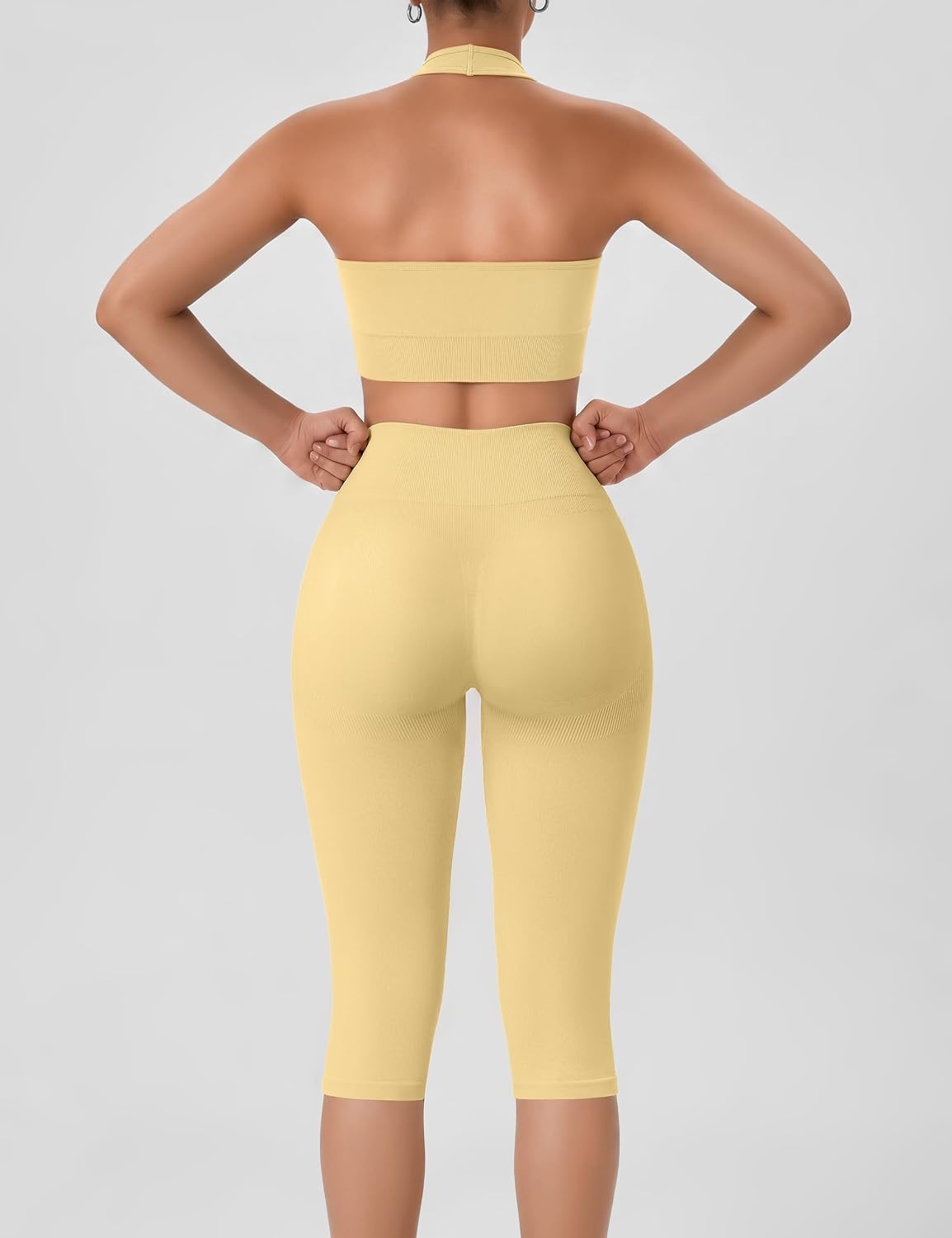 image:imageOLCHEE Womens Workout Sets 2 Piece Backless Halter Neck Sports Bra High Waist Scrunch Butt Capri Leggings Yoga Gym OutfitsButter Yellow