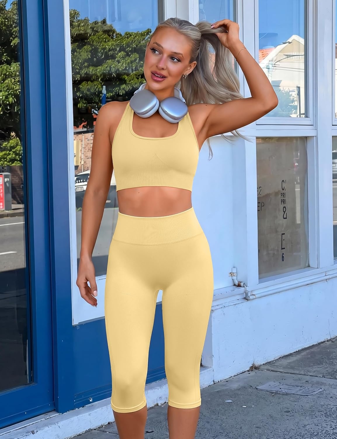 image:imageOLCHEE Womens Workout Sets 2 Piece Backless Halter Neck Sports Bra High Waist Scrunch Butt Capri Leggings Yoga Gym OutfitsButter Yellow