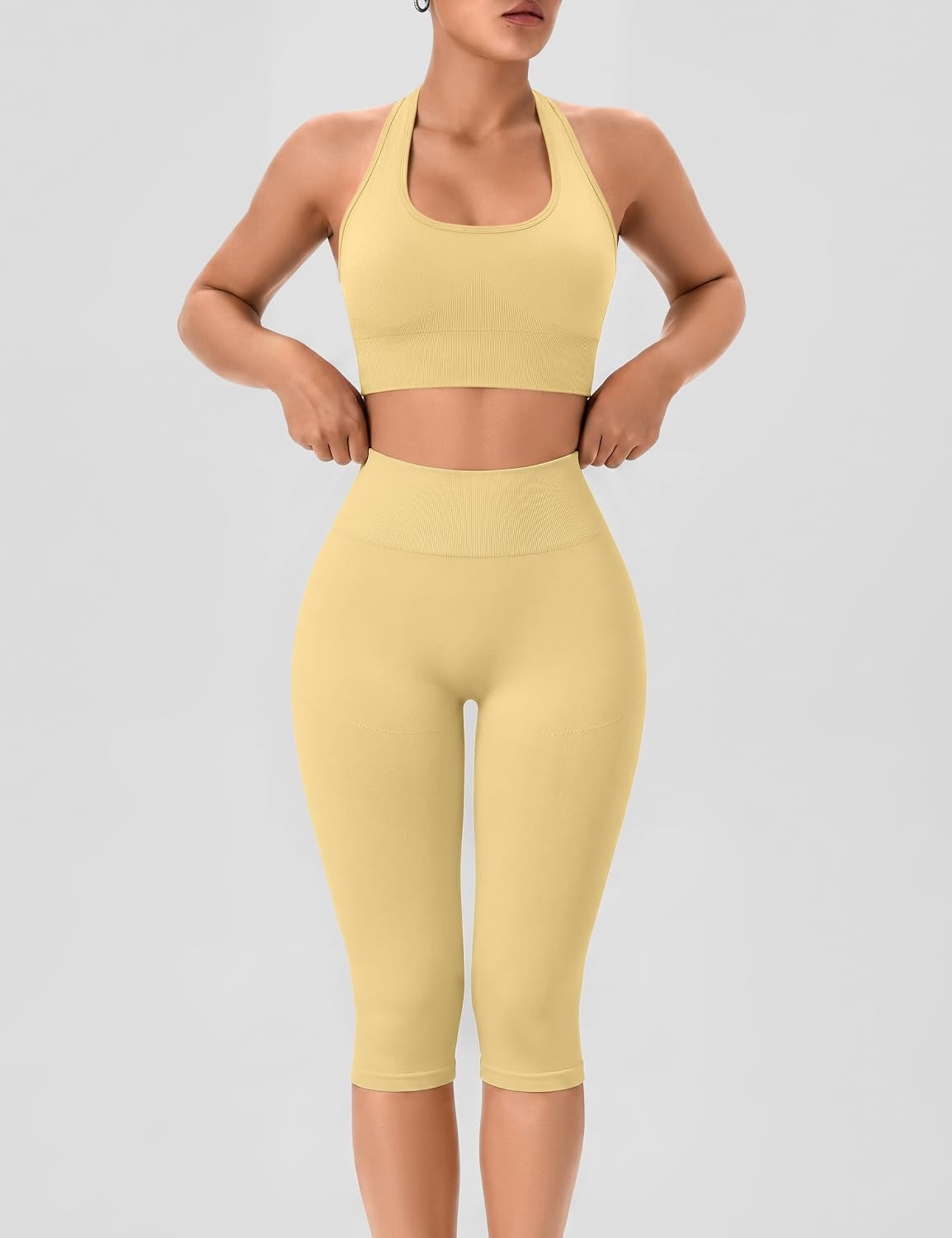 image:imageOLCHEE Womens Workout Sets 2 Piece Backless Halter Neck Sports Bra High Waist Scrunch Butt Capri Leggings Yoga Gym OutfitsButter Yellow