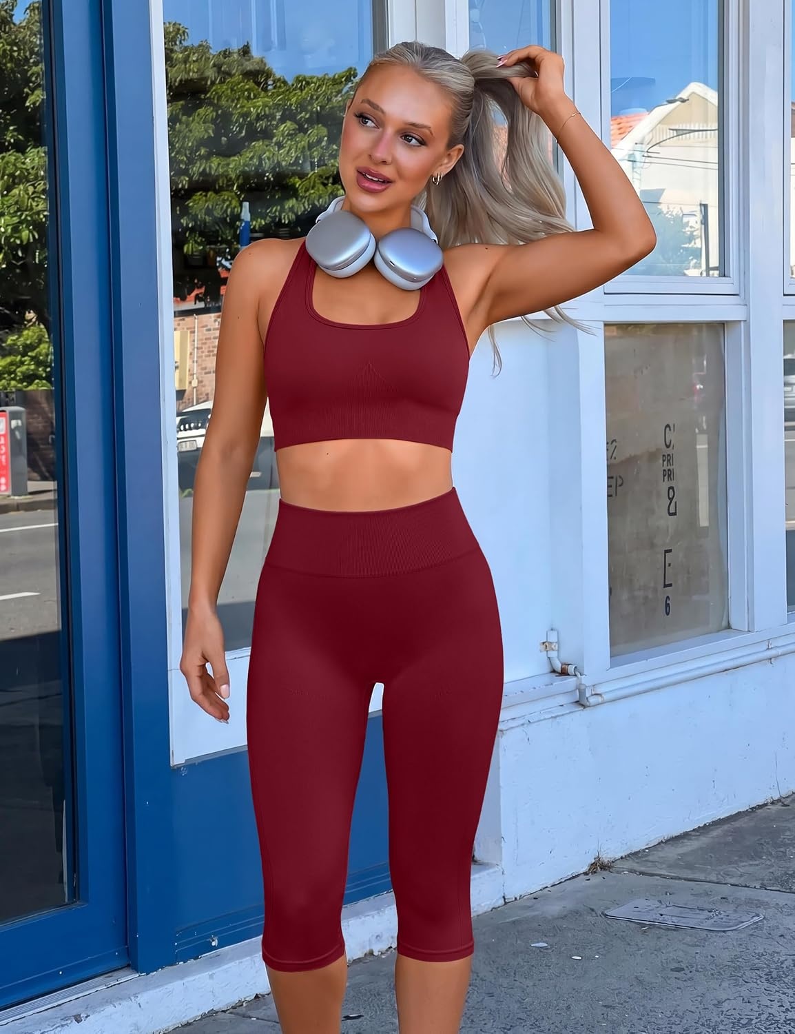 image:imageOLCHEE Womens Workout Sets 2 Piece Backless Halter Neck Sports Bra High Waist Scrunch Butt Capri Leggings Yoga Gym OutfitsRed