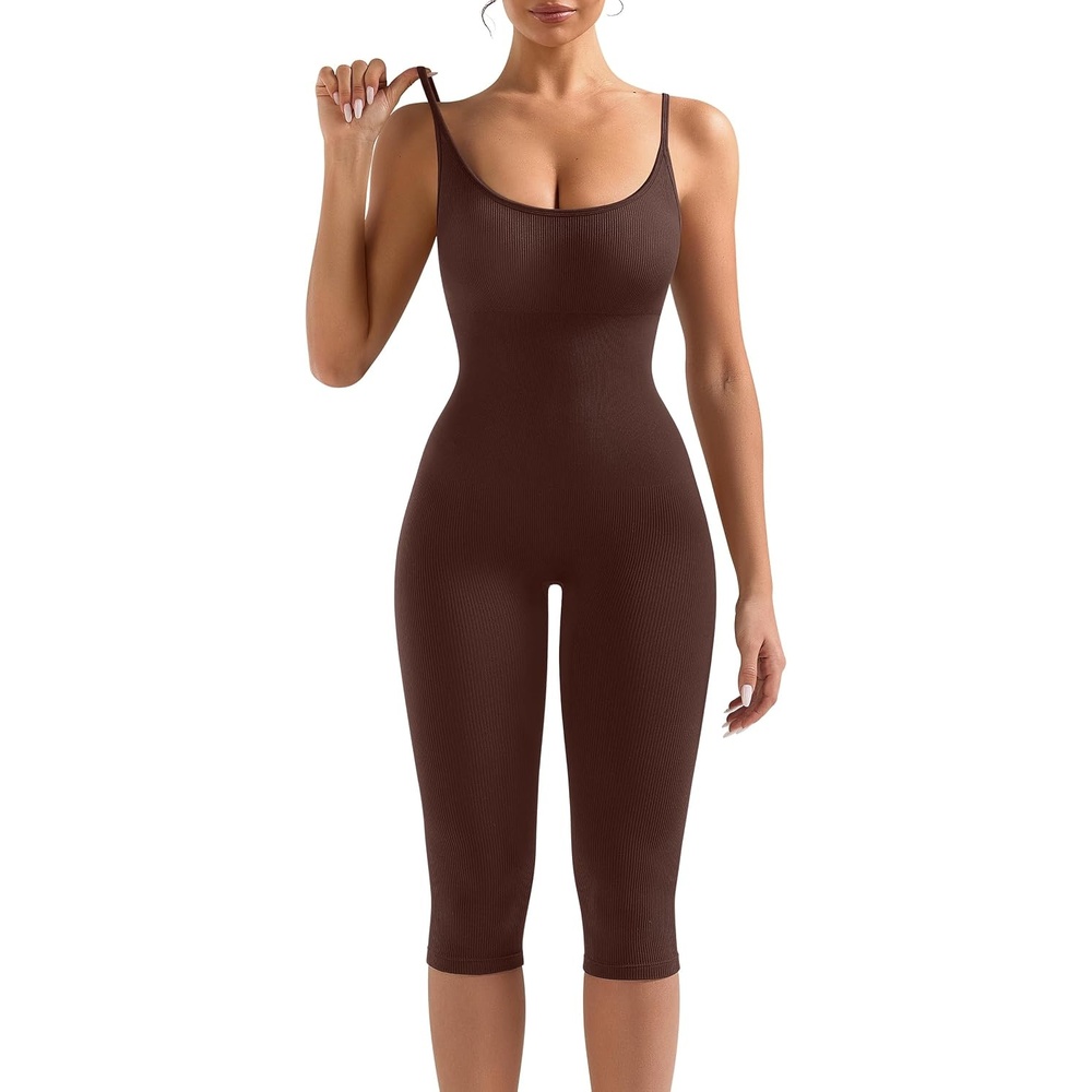 image:imageOLCHEE Womens Workout Jumpsuits Capri Catsuit Seamless Ribbed Tummy Control Yoga One Piece Unitard Sculpt Rompers PaddedBrown