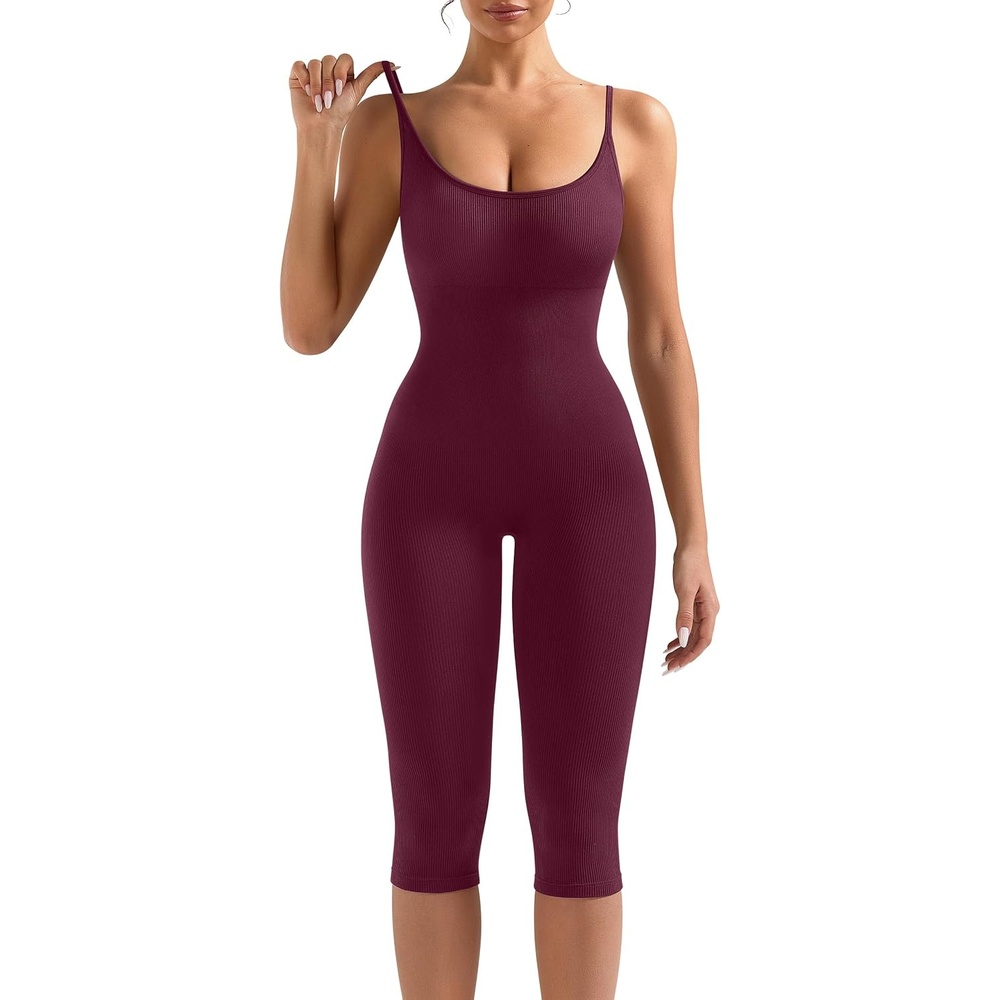image:imageOLCHEE Womens Workout Jumpsuits Capri Catsuit Seamless Ribbed Tummy Control Yoga One Piece Unitard Sculpt Rompers PaddedPlum