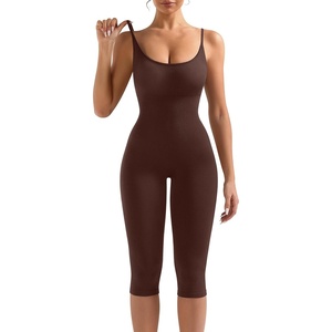 OLCHEE Womens Workout Jumpsuits Capri Catsuit Seamless Ribbed Tummy Control Yoga One Piece Unitard Sculpt Rompers Padded(Brown)