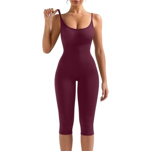 OLCHEE Womens Workout Jumpsuits Capri Catsuit Seamless Ribbed Tummy Control Yoga One Piece Unitard Sculpt Rompers Padded(Plum)