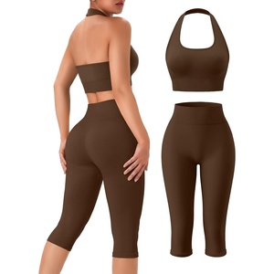 OLCHEE Womens Workout Sets 2 Piece Backless Halter Neck Sports Bra High Waist Scrunch Butt Capri Leggings Yoga Gym Outfits(Brown)
