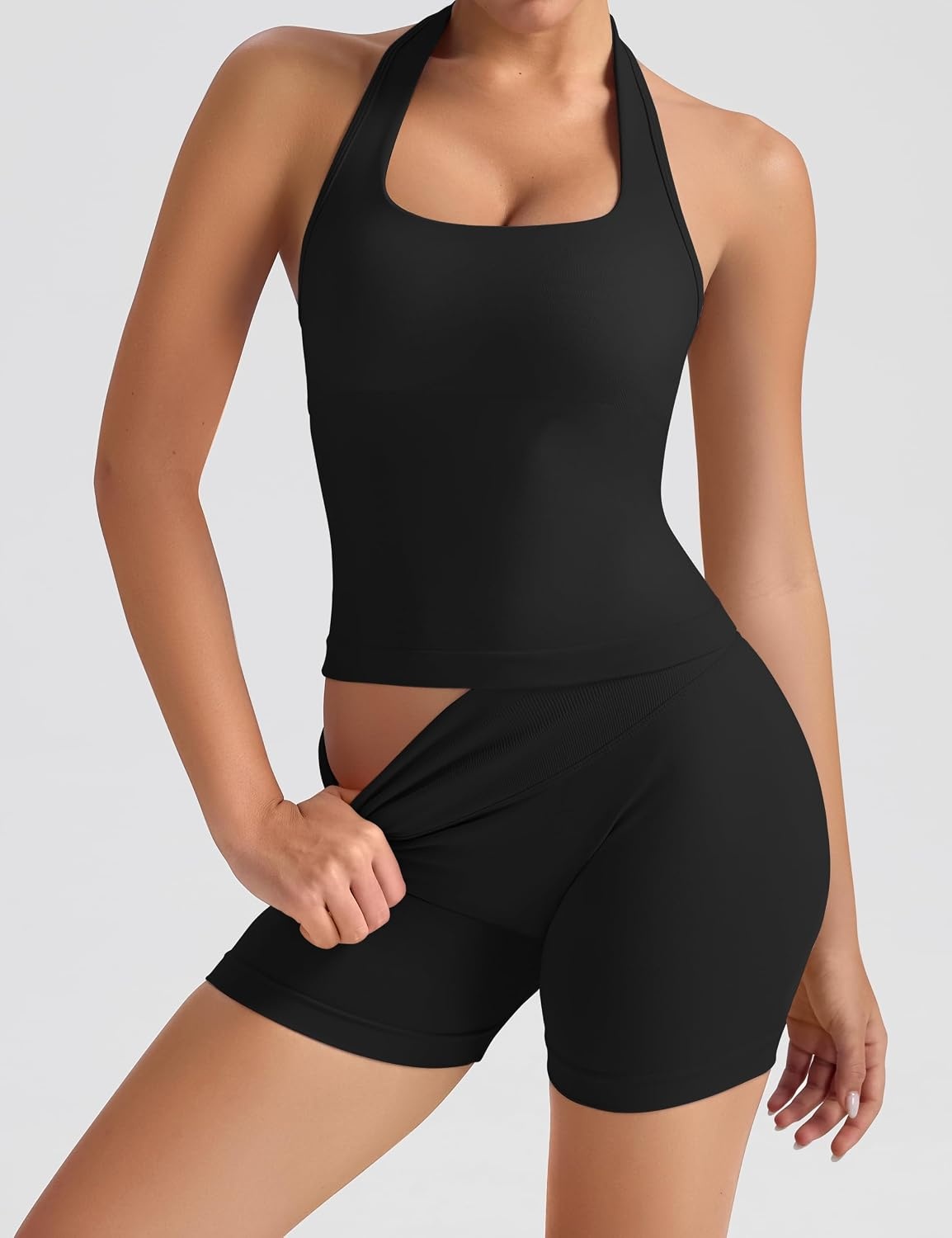 image:imageOLCHEE Womens Halter Tank Tops Square Neck Backless Longline Seamless Gym Workout Yoga Pilates Top Padded 2 PackBlack White