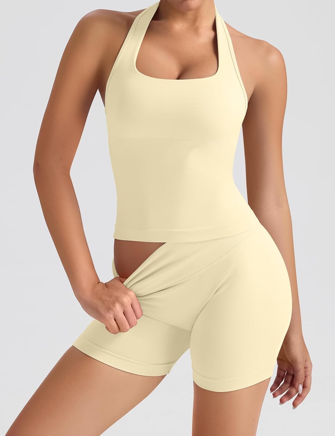 image:imageOLCHEE Womens Halter Tank Tops Square Neck Backless Longline Seamless Gym Workout Yoga Pilates Top Padded 2 PackChocolate Brown Butter Yellow