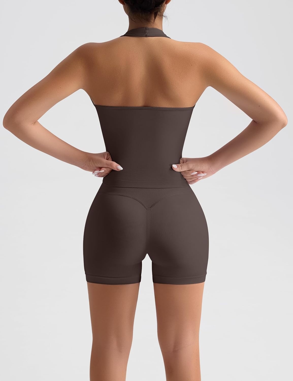 image:imageOLCHEE Womens Halter Tank Tops Square Neck Backless Longline Seamless Gym Workout Yoga Pilates Top Padded 2 PackChocolate Brown Butter Yellow