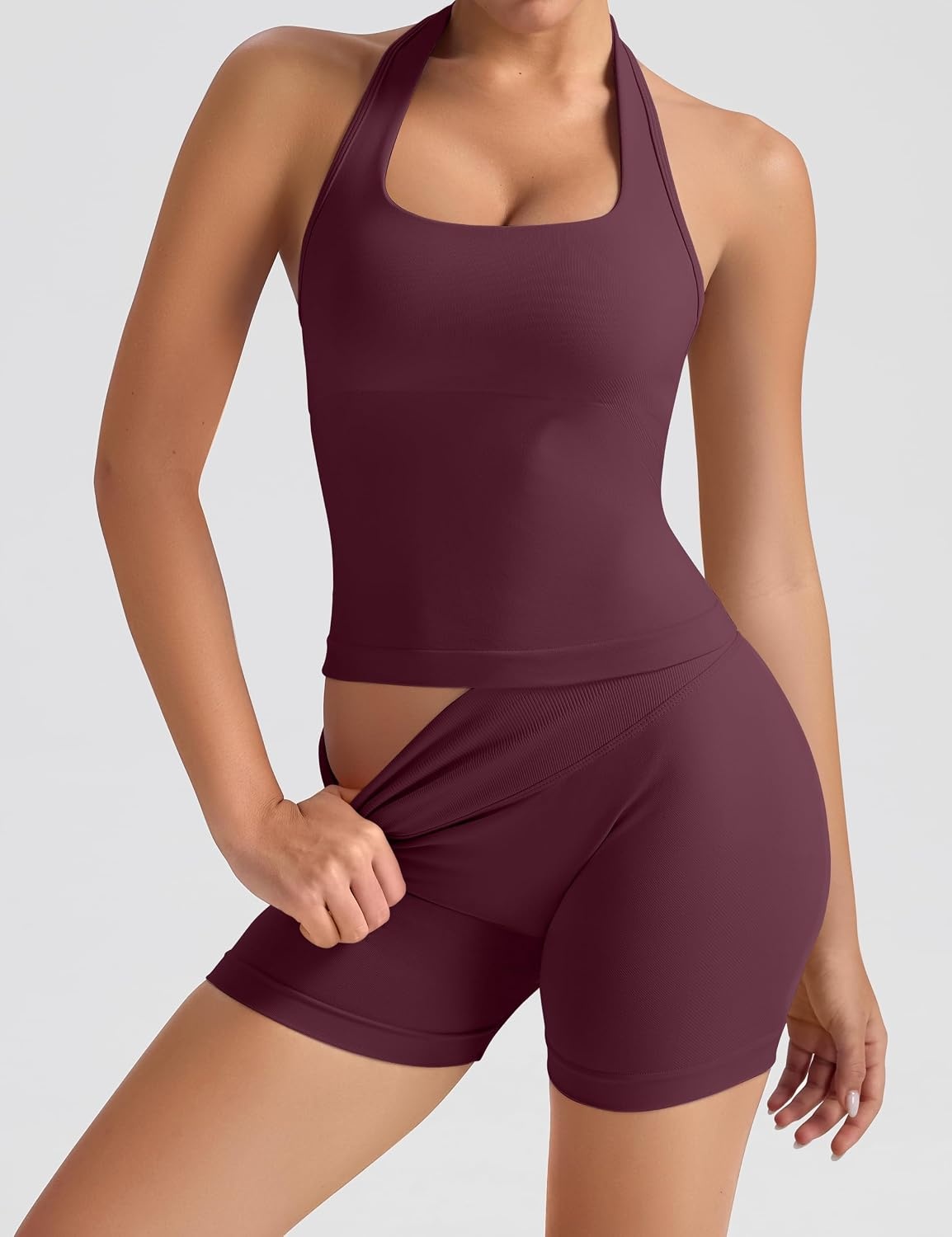 image:imageOLCHEE Womens Halter Tank Tops Square Neck Backless Longline Seamless Gym Workout Yoga Pilates Top Padded 2 PackPlum Nude Pink
