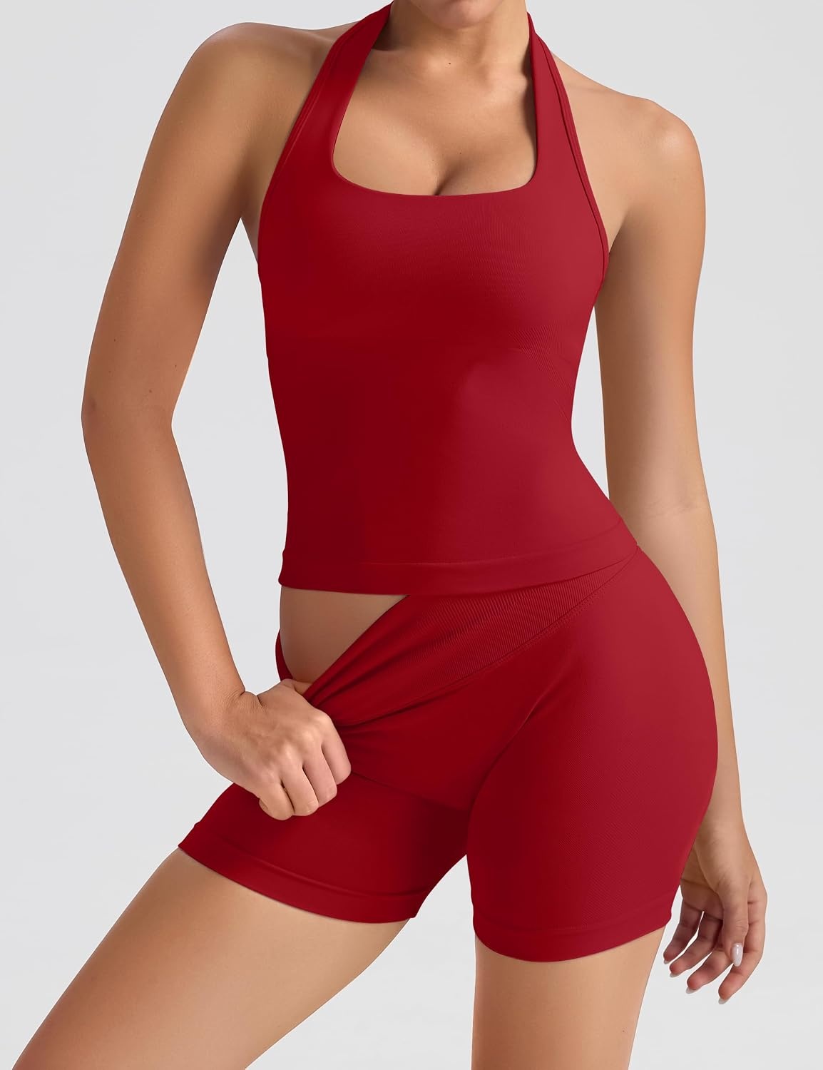 image:imageOLCHEE Womens Halter Tank Tops Square Neck Backless Longline Seamless Gym Workout Yoga Pilates Top Padded 2 PackRed Light Pink