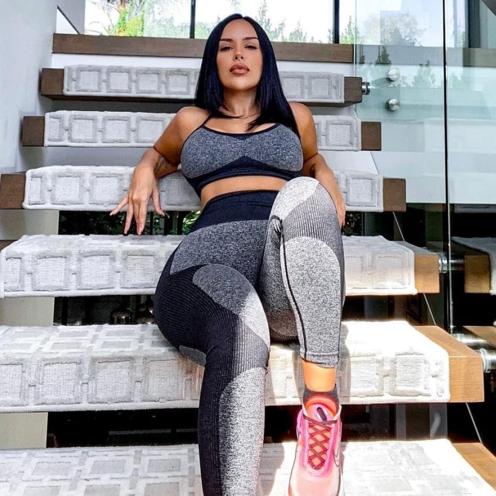 image:imageWomens Workout Sets 2 Piece Seamless Yoga Leggings and CrossStrap Sports Bra Gym Outfits Activewear Matching SetBra and Leggings Black