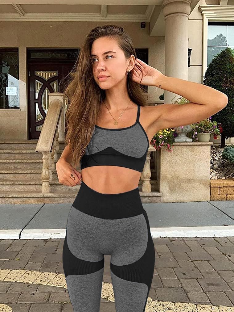 image:imageWomens Workout Sets 2 Piece Seamless Yoga Leggings and CrossStrap Sports Bra Gym Outfits Activewear Matching SetBra and Leggings Black