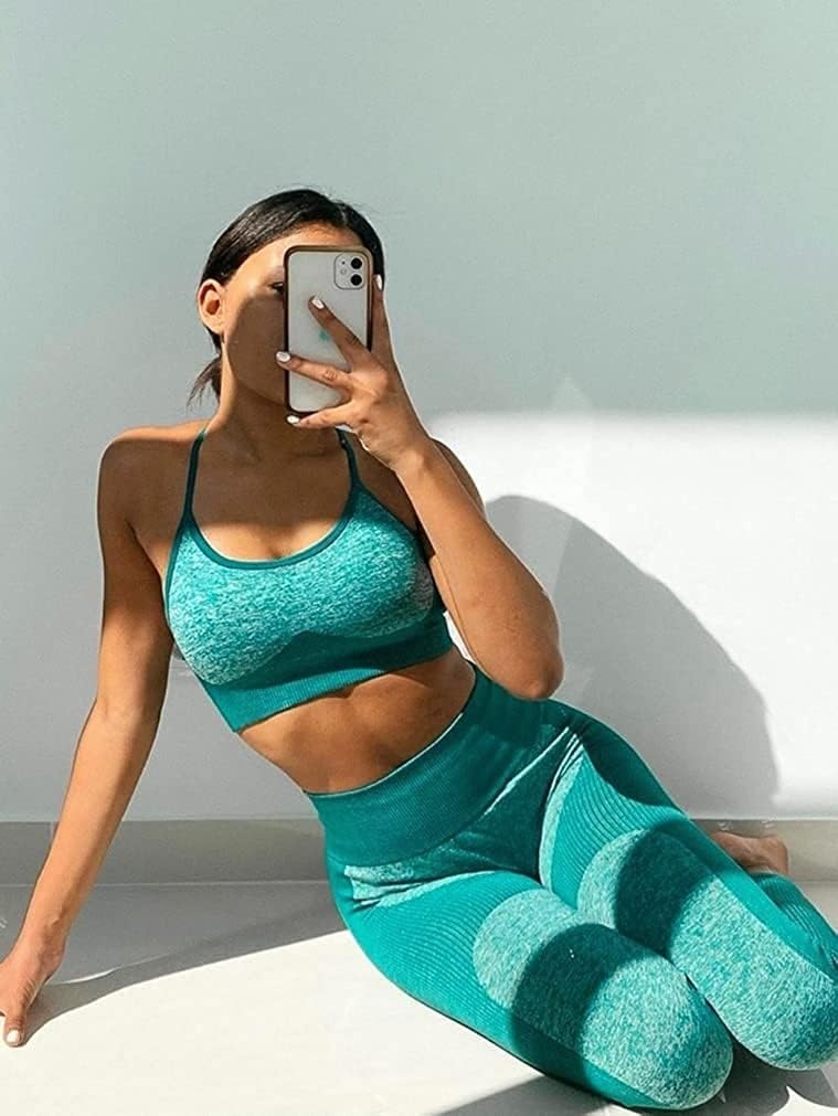 image:imageWomens Workout Sets 2 Piece Seamless Yoga Leggings and CrossStrap Sports Bra Gym Outfits Activewear Matching SetBra and Leggings Green