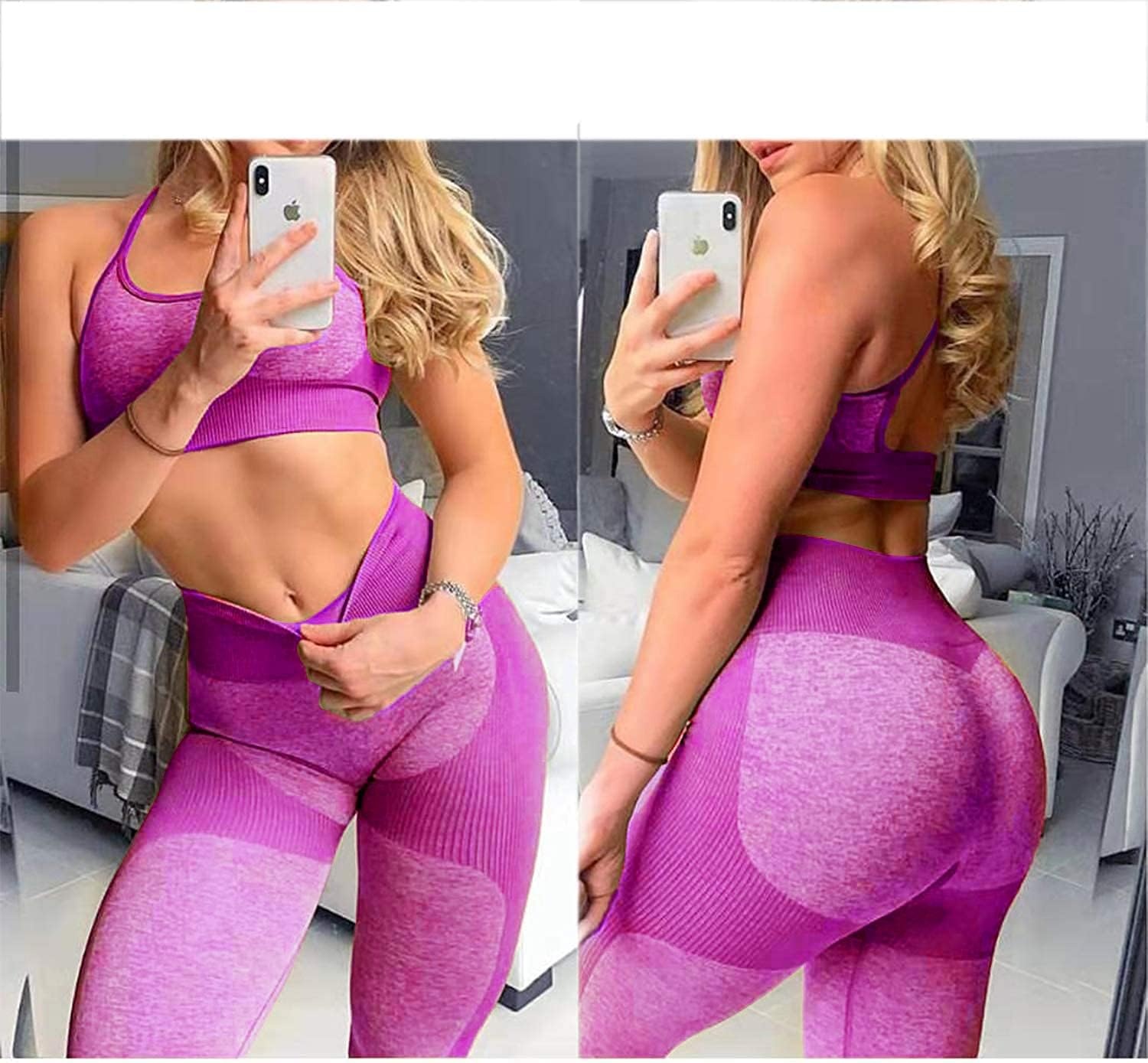 image:imageWomens Workout Sets 2 Piece Seamless Yoga Leggings and CrossStrap Sports Bra Gym Outfits Activewear Matching SetBra and Leggings Pink