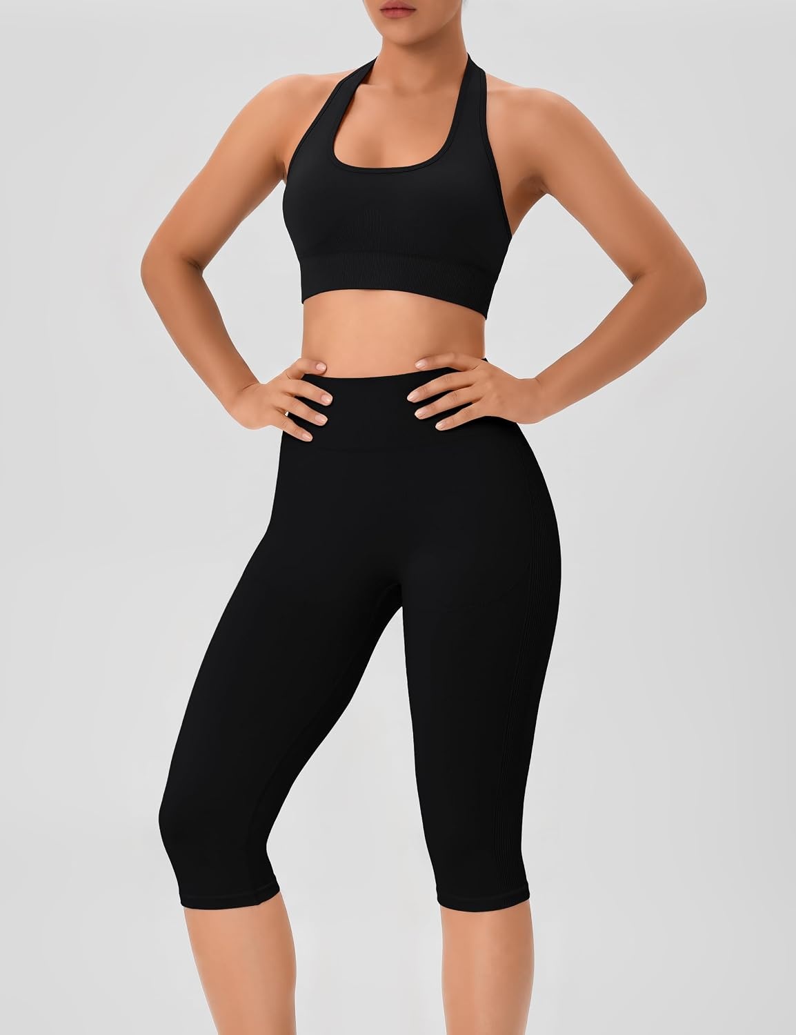 image:imageWomens Workout Sets 2 Piece Backless Halter Neck Sports Bra High Waist Scrunch Butt Capri Leggings Yoga Gym OutfitsBlack