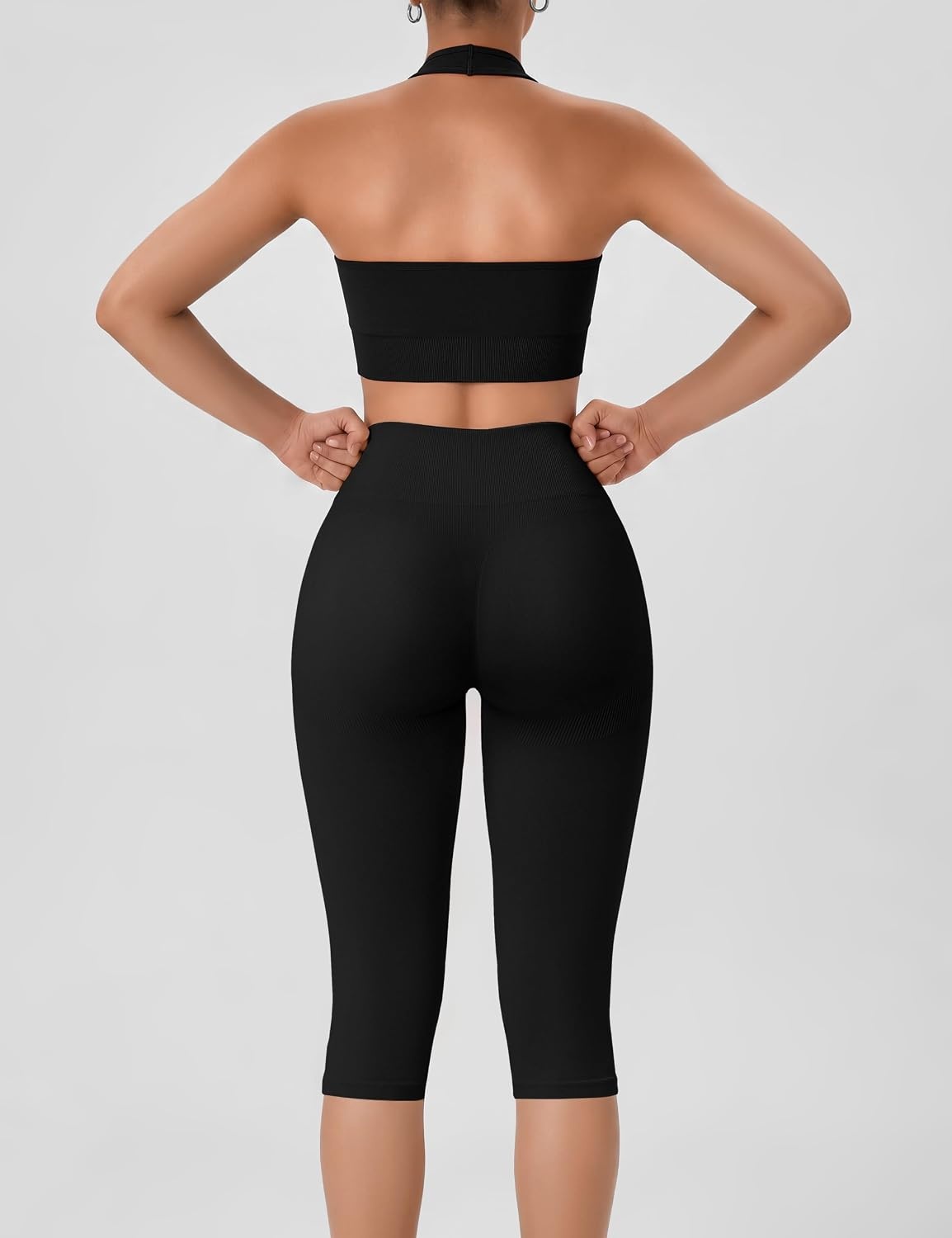 image:imageWomens Workout Sets 2 Piece Backless Halter Neck Sports Bra High Waist Scrunch Butt Capri Leggings Yoga Gym OutfitsBlack