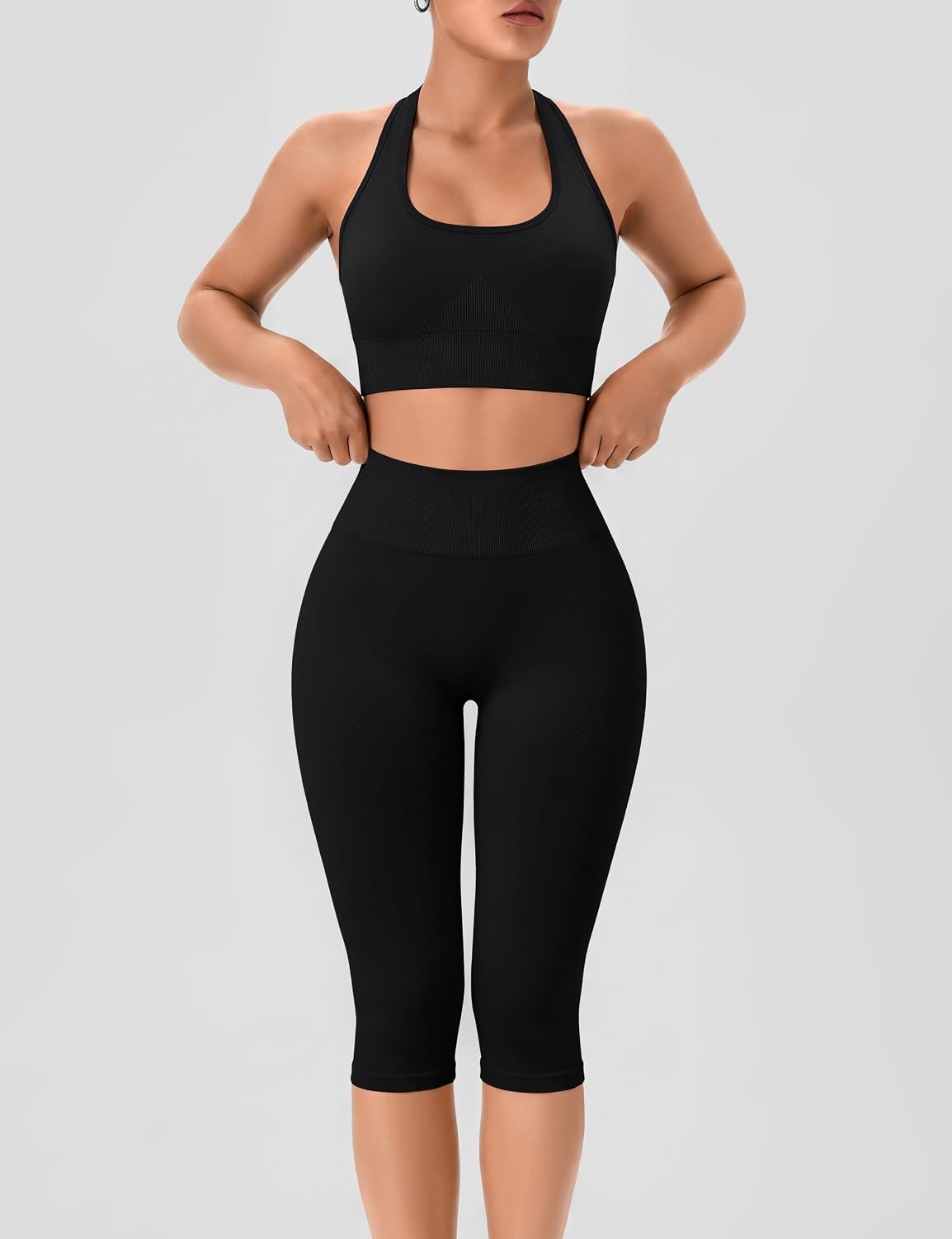 image:imageWomens Workout Sets 2 Piece Backless Halter Neck Sports Bra High Waist Scrunch Butt Capri Leggings Yoga Gym OutfitsBlack
