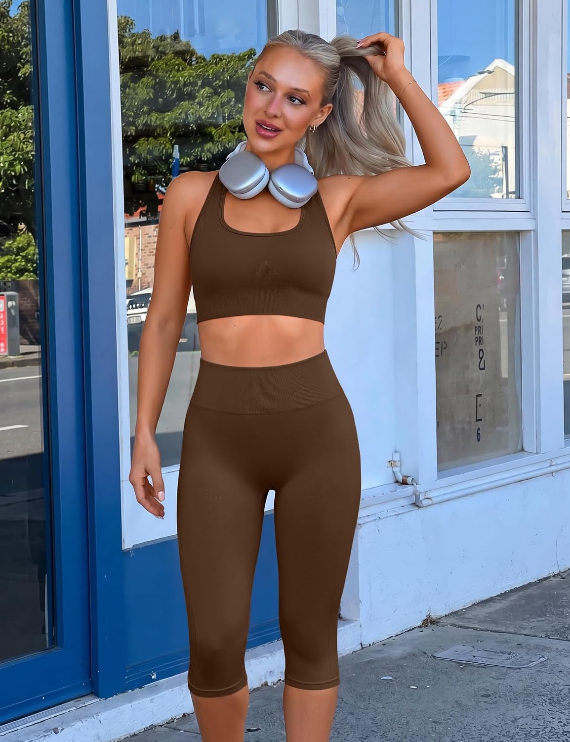 image:imageWomens Workout Sets 2 Piece Backless Halter Neck Sports Bra High Waist Scrunch Butt Capri Leggings Yoga Gym OutfitsBrown