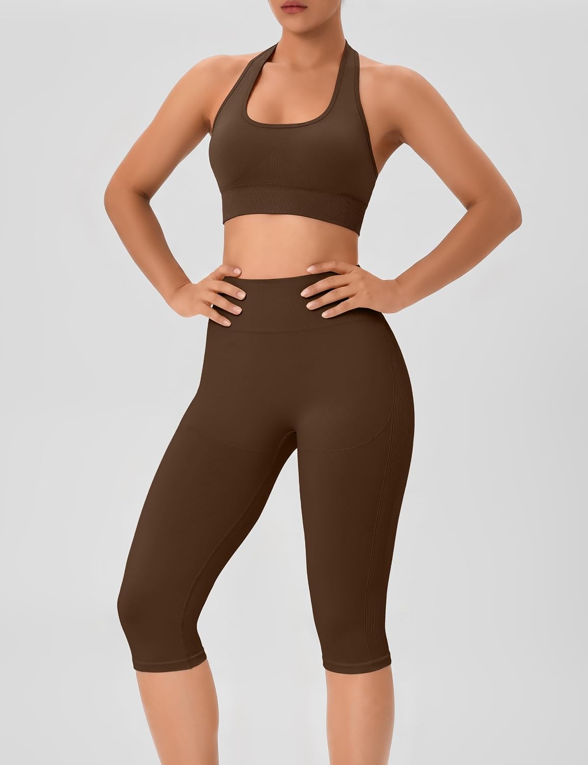 image:imageWomens Workout Sets 2 Piece Backless Halter Neck Sports Bra High Waist Scrunch Butt Capri Leggings Yoga Gym OutfitsBrown