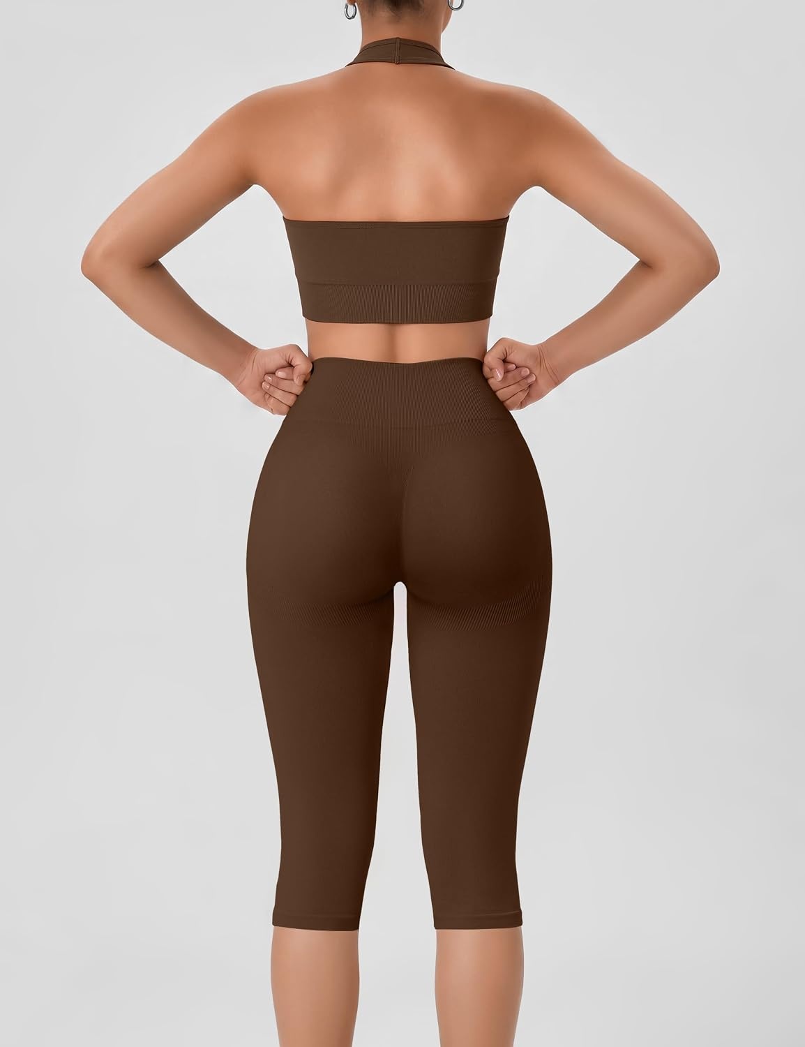 image:imageWomens Workout Sets 2 Piece Backless Halter Neck Sports Bra High Waist Scrunch Butt Capri Leggings Yoga Gym OutfitsBrown