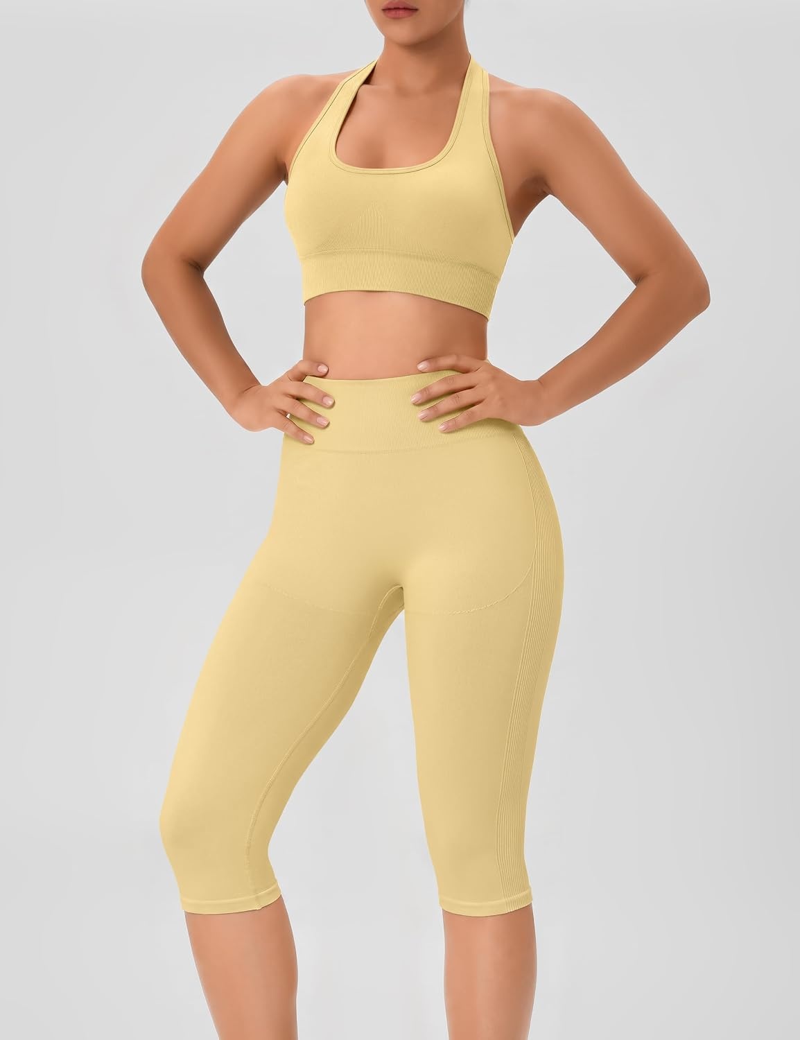image:imageWomens Workout Sets 2 Piece Backless Halter Neck Sports Bra High Waist Scrunch Butt Capri Leggings Yoga Gym OutfitsButter Yellow