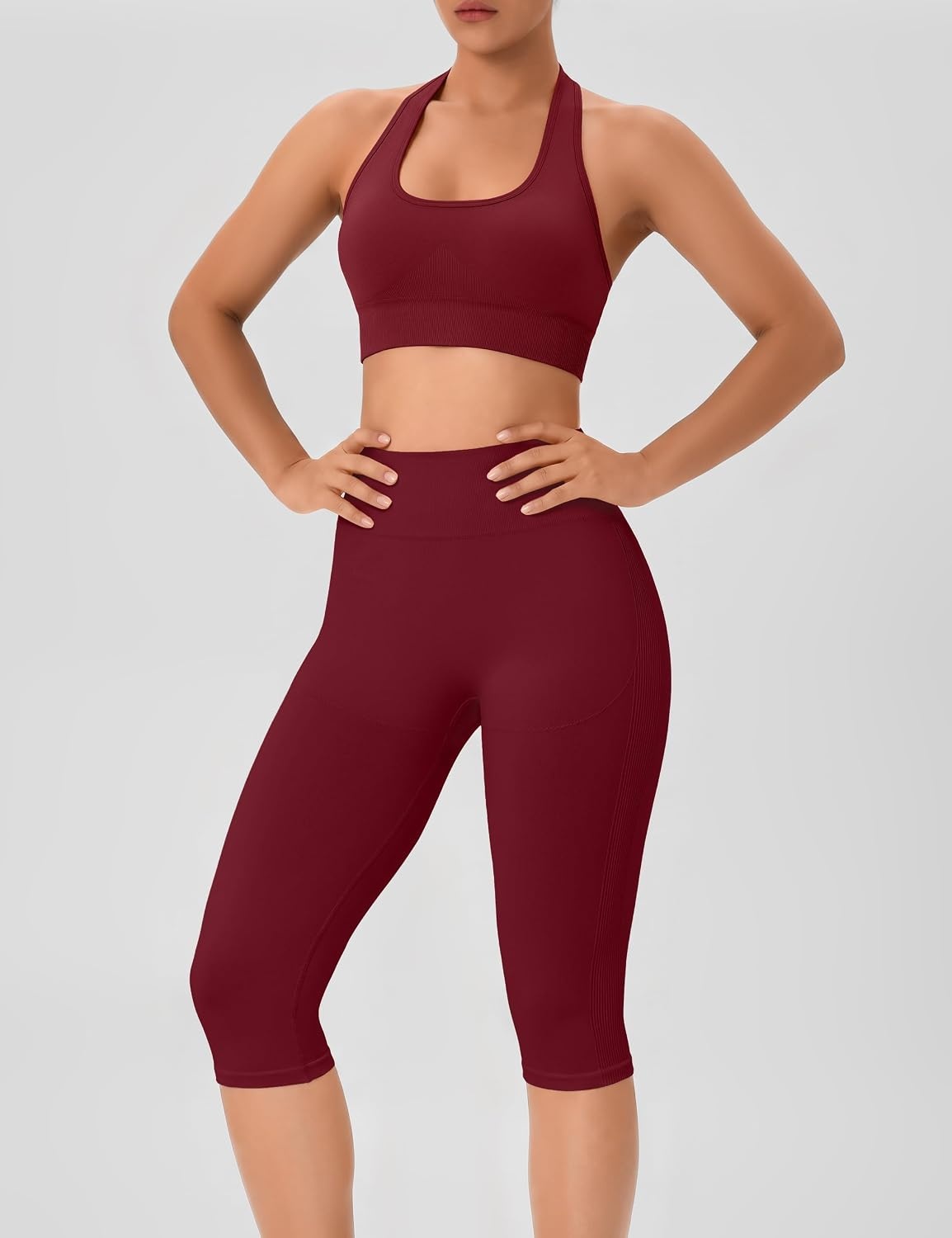 image:imageWomens Workout Sets 2 Piece Backless Halter Neck Sports Bra High Waist Scrunch Butt Capri Leggings Yoga Gym OutfitsRed