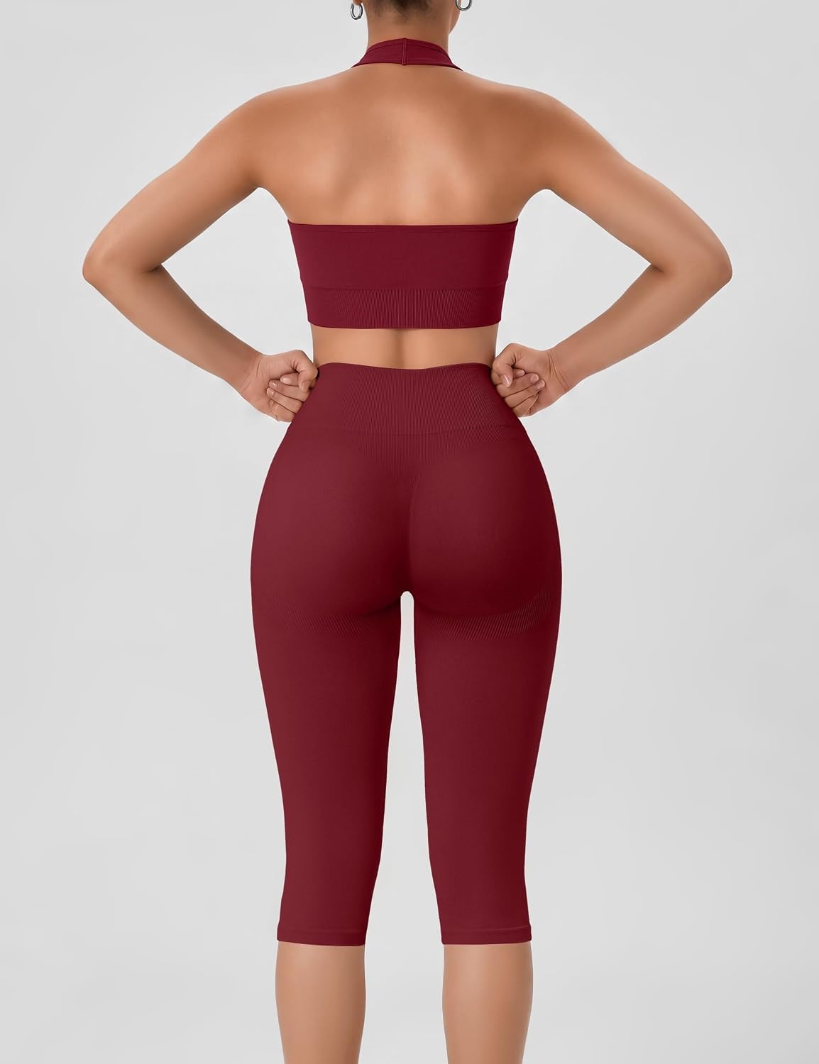 image:imageWomens Workout Sets 2 Piece Backless Halter Neck Sports Bra High Waist Scrunch Butt Capri Leggings Yoga Gym OutfitsRed