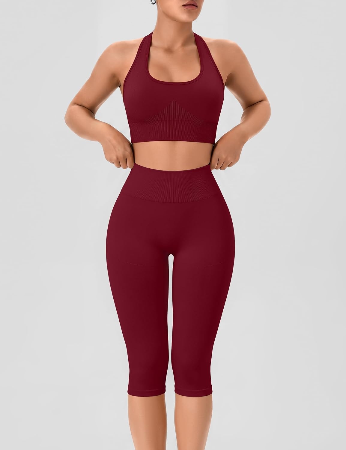 image:imageWomens Workout Sets 2 Piece Backless Halter Neck Sports Bra High Waist Scrunch Butt Capri Leggings Yoga Gym OutfitsRed