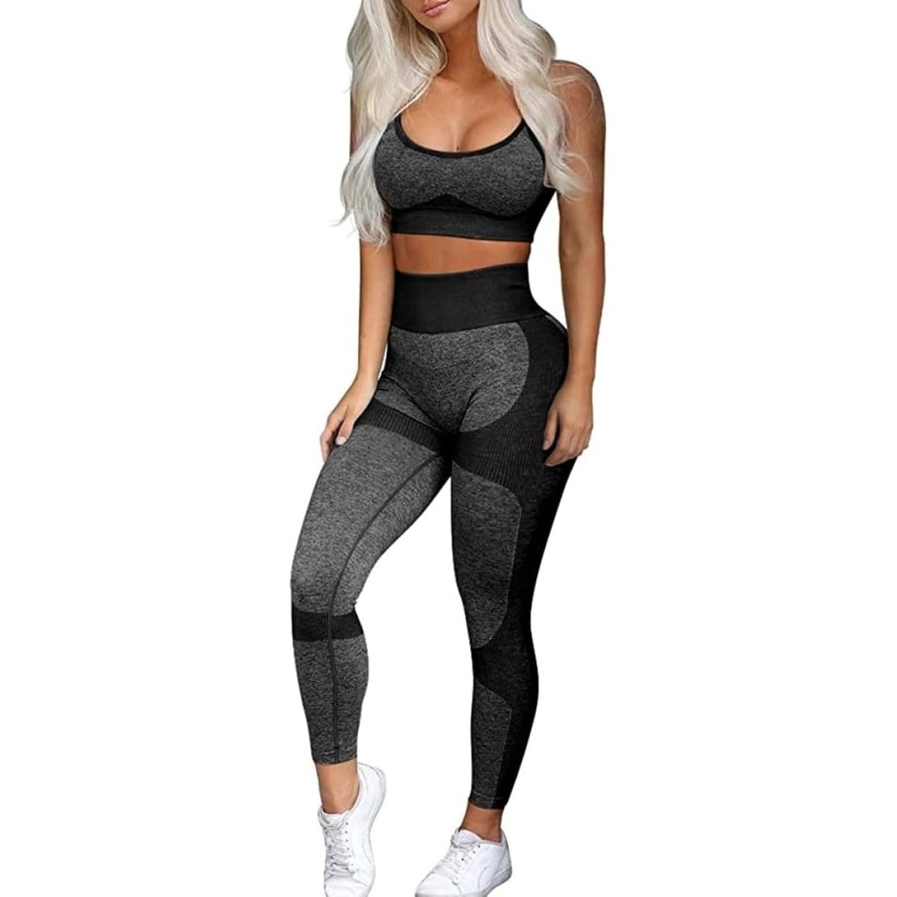 image:imageWomens Workout Sets 2 Piece Seamless Yoga Leggings and CrossStrap Sports Bra Gym Outfits Activewear Matching SetBra and Leggings Black