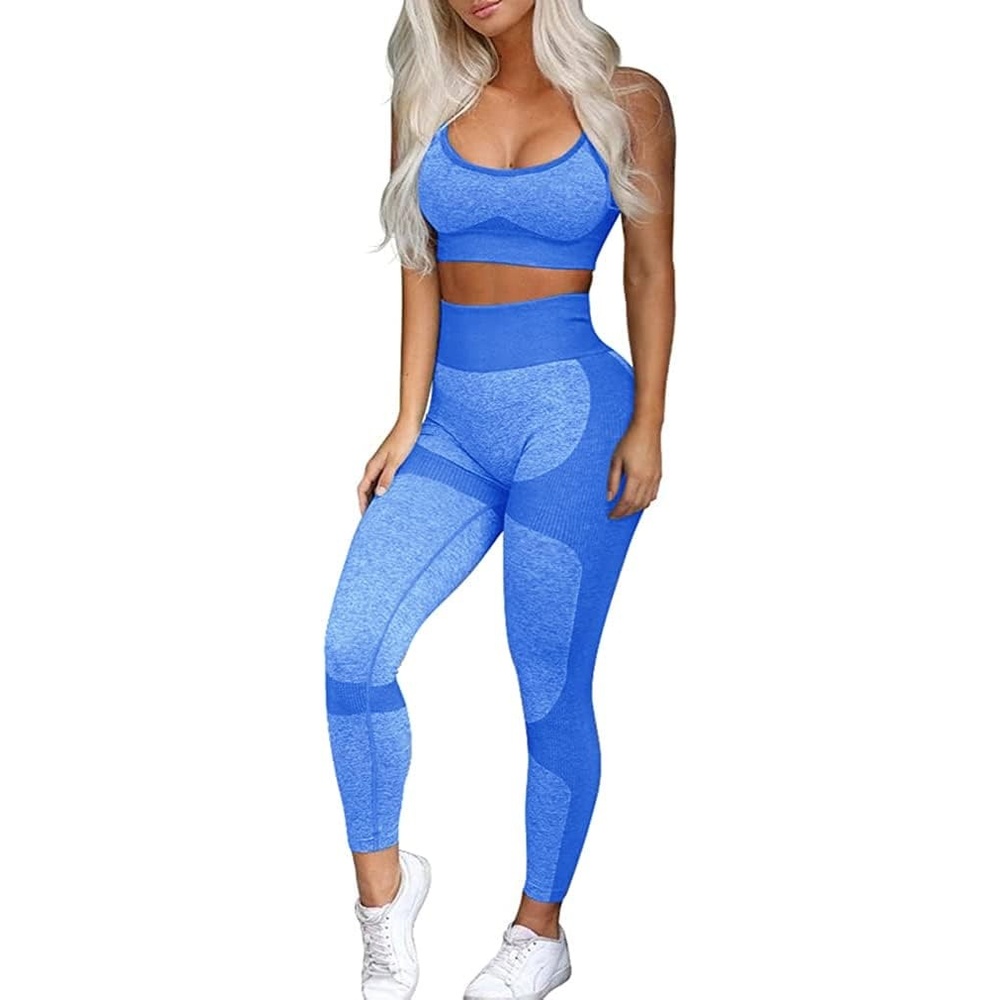 image:imageWomens Workout Sets 2 Piece Seamless Yoga Leggings and CrossStrap Sports Bra Gym Outfits Activewear Matching SetBra and Leggings Blue
