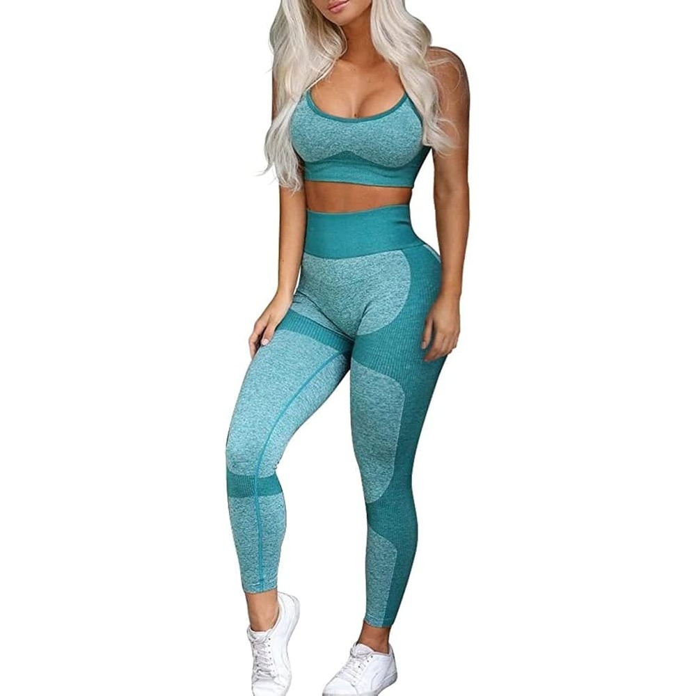 image:imageWomens Workout Sets 2 Piece Seamless Yoga Leggings and CrossStrap Sports Bra Gym Outfits Activewear Matching SetBra and Leggings Green