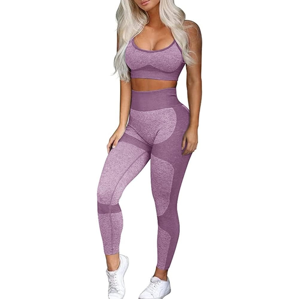 image:imageWomens Workout Sets 2 Piece Seamless Yoga Leggings and CrossStrap Sports Bra Gym Outfits Activewear Matching SetBra and Leggings Purple