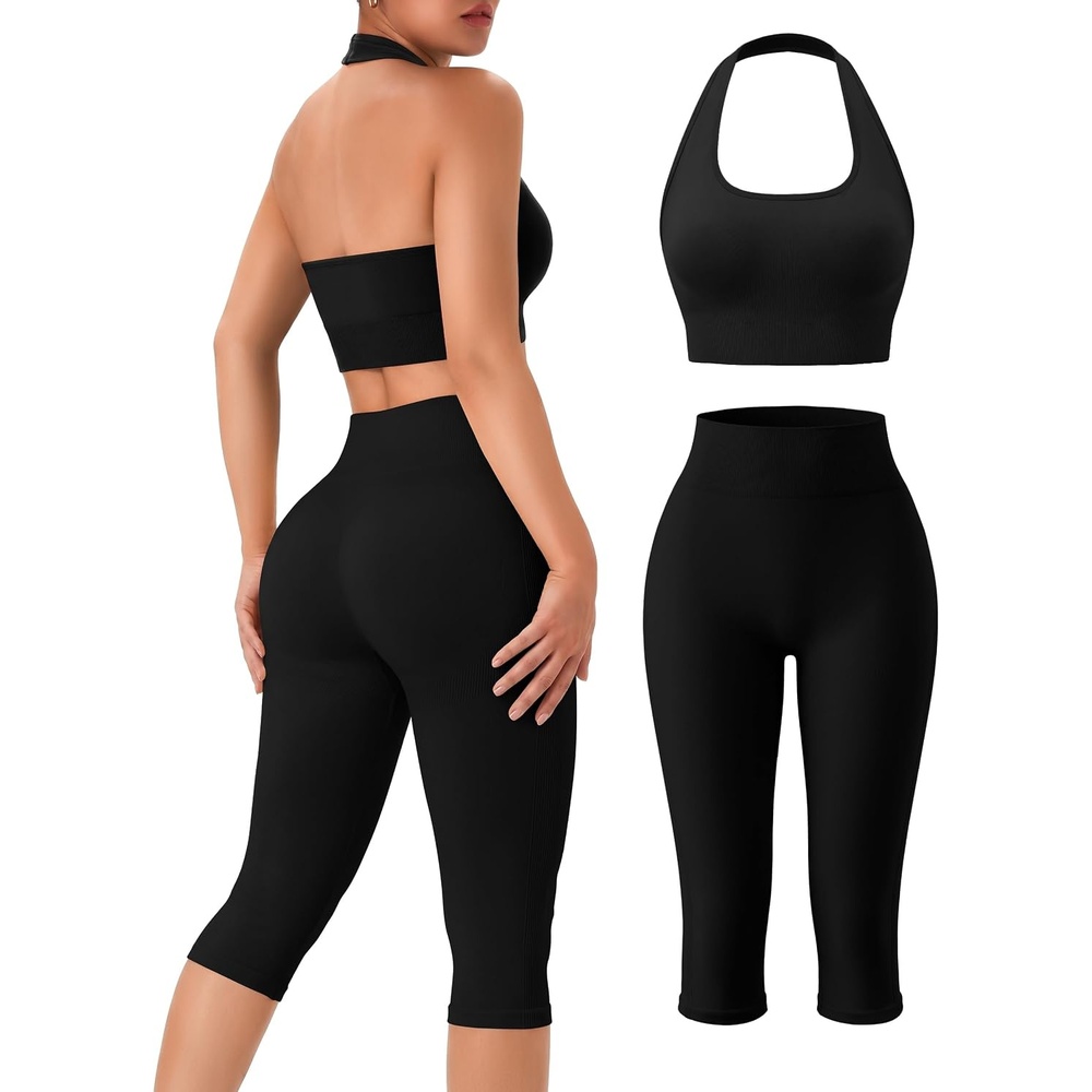 image:imageWomens Workout Sets 2 Piece Backless Halter Neck Sports Bra High Waist Scrunch Butt Capri Leggings Yoga Gym OutfitsBlack